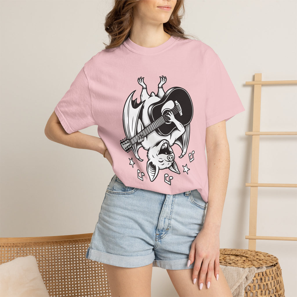 Bat Guitar Shirt Funny Nature Gift Women Illustration Tee Guitar T-Shirt Comedian Fan Cartoon Tshirt Wildlife Graphic Hand Drawn Musical