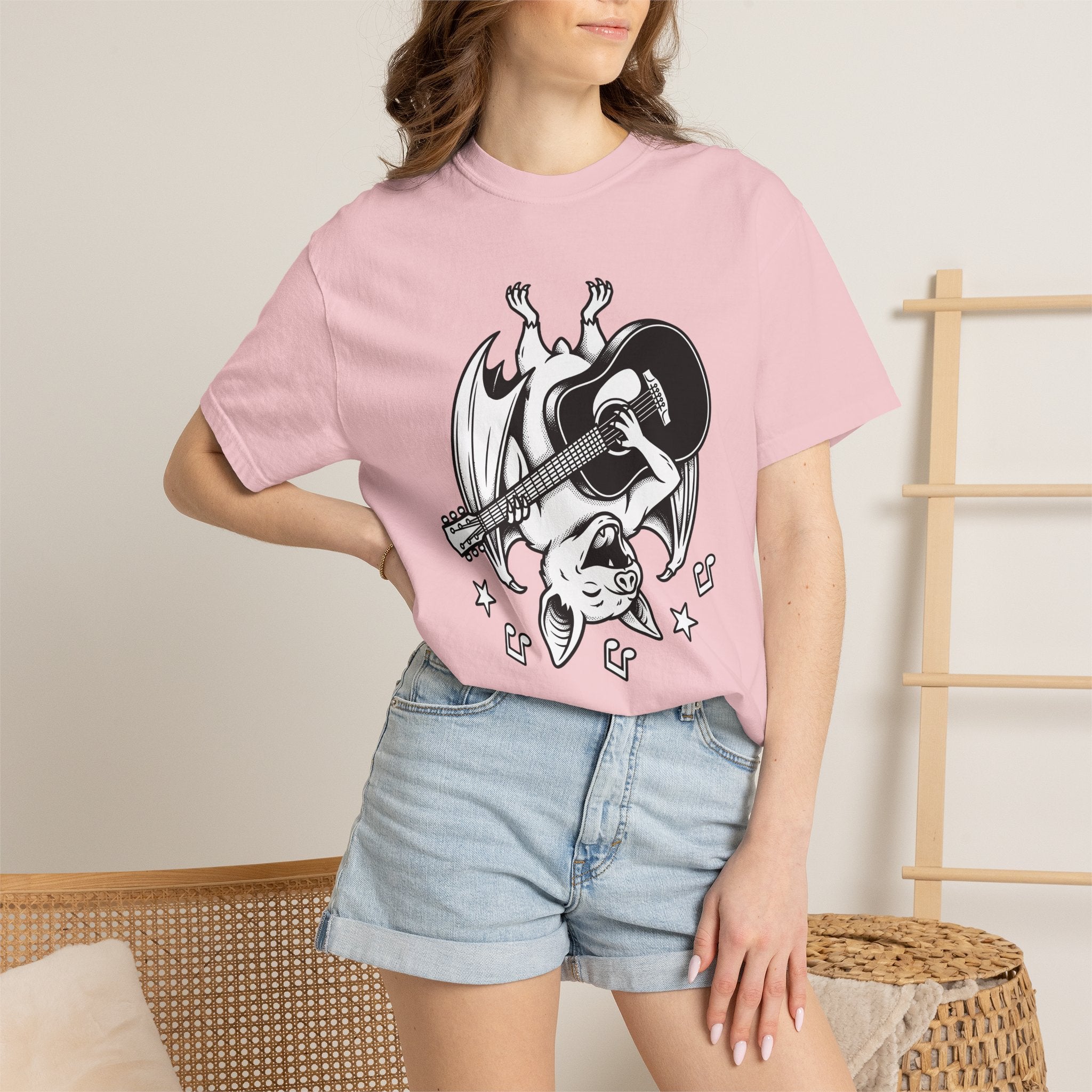 Bat Guitar Shirt Funny Nature Gift Women Illustration Tee Guitar T-Shirt Comedian Fan Cartoon Tshirt Wildlife Graphic Hand Drawn Musical