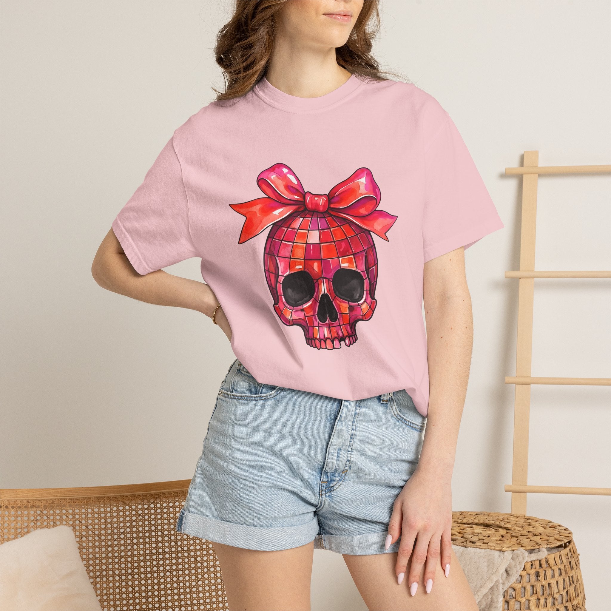 Disco Skull Shirt Halloween Party Gift Women Watercolor Tee Sugar Skull T-Shirt Horror Fan Halloween Art Tshirt Party Graphic Retro Bow