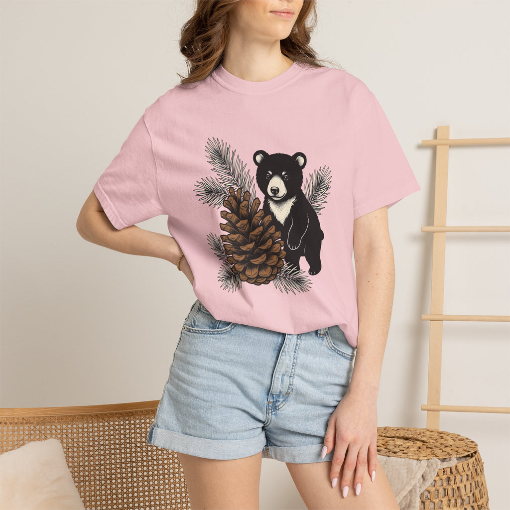 Bear Pinecone Shirt Animals Forest Gift Women Block Print Tee Teddy Bear T-Shirt Wildlife Fan Ursa Tshirt Woods Graphic Antique Pine Needle