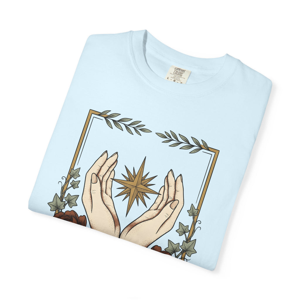 Hand Blossom Art Shirt Boho Chic Esoteric Gift Women Garden Tee Floral T-Shirt Bohemian Fan Floral Design Tshirt Antique Star Icon Tshirt