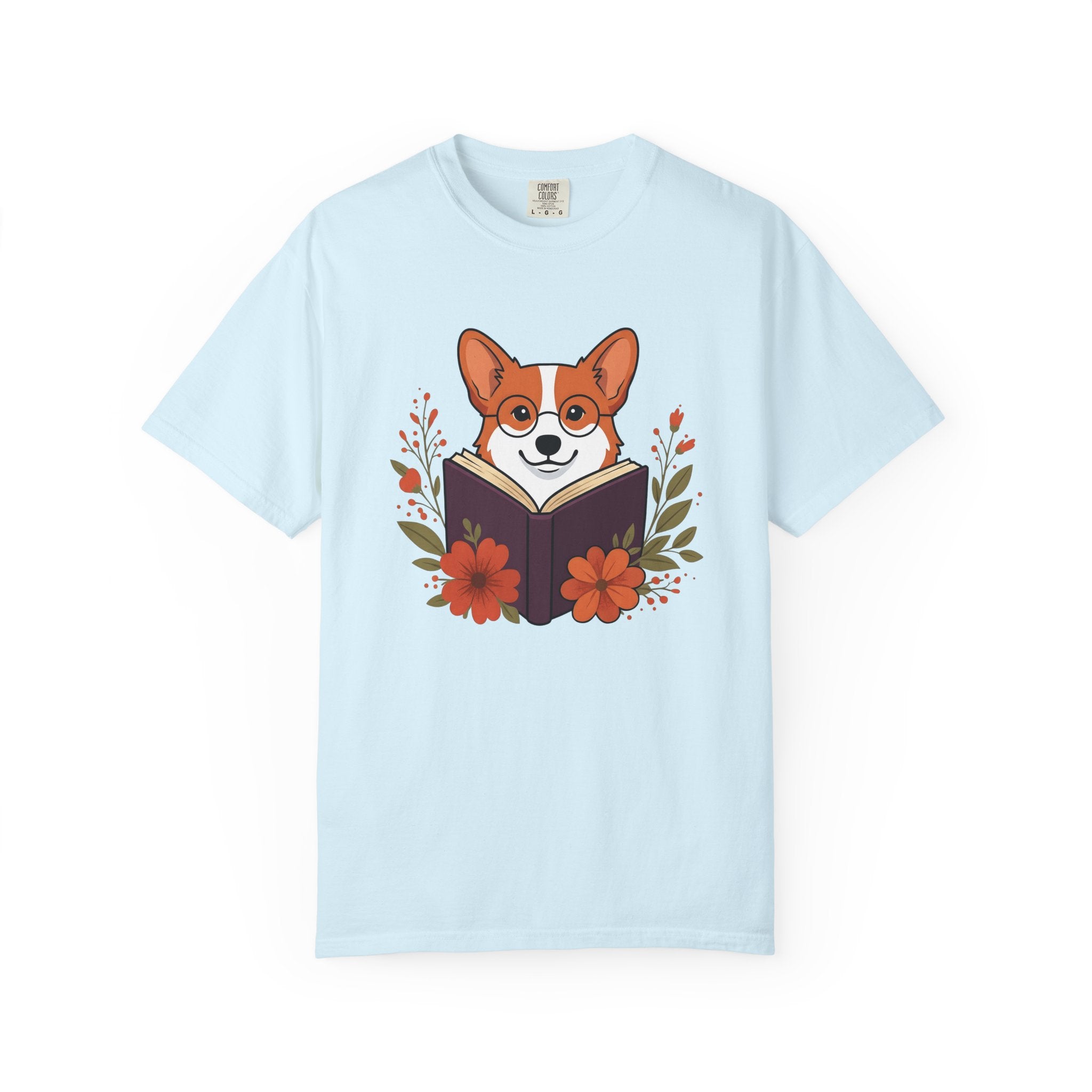 Corgi Pet Book Shirt Dog Literature Gift Women Illustration Tee Bookworm T-Shirt Dog Fan Artistic Tshirt Bibliophile Graphic Doodle Blossoms