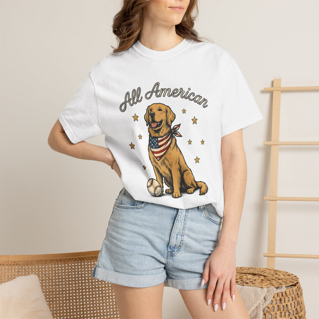 Retriever Dog Shirt America Independence Gift Women Classic Tee Dog T-Shirt American Fan Vintage Tshirt Liberty Graphic Ink Baseball Glove