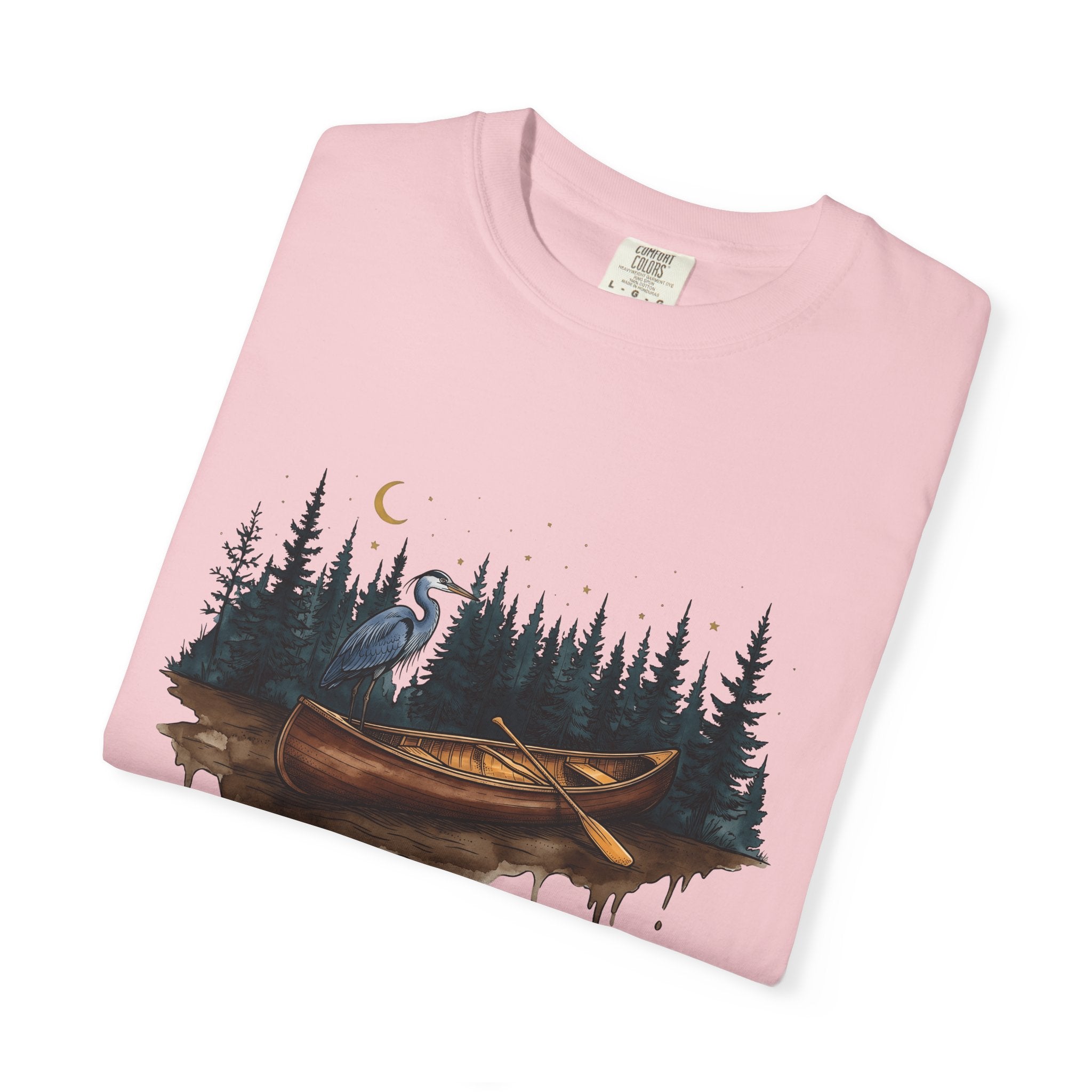 Kayak Bird Shirt Camping Exploration Gift Women Sketch Tee Heron T-Shirt Camper Fan Hand Drawn Tshirt Adventure Graphic Retro Fir Trees