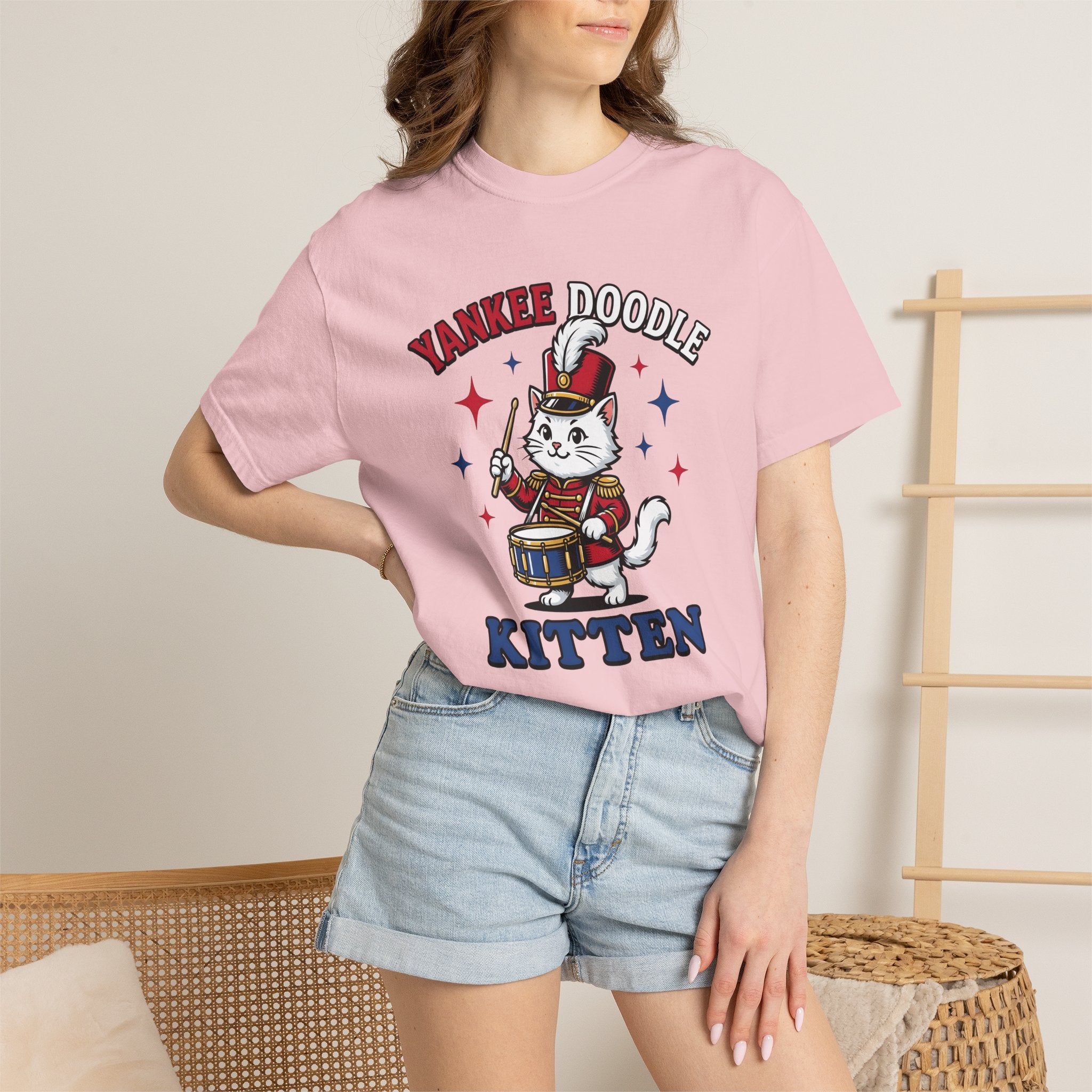 Music Cat Shirt Cat Flag Gift Women Hand Drawn Tee Kitty T-Shirt Feline Fan Illustrated Tshirt Banner Graphic Classic Drumstick Tshirt
