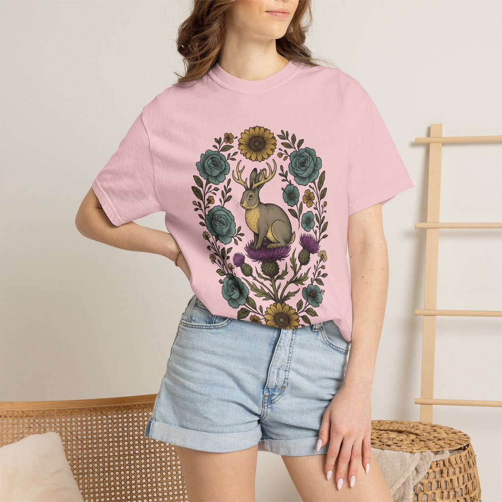 Jackalope Shirt Boho Chic Animal Gift Women Folk Art Tee Antelope T-Shirt Hippie Fan Primitive Tshirt Wildlife Graphic Vintage Floral Frame