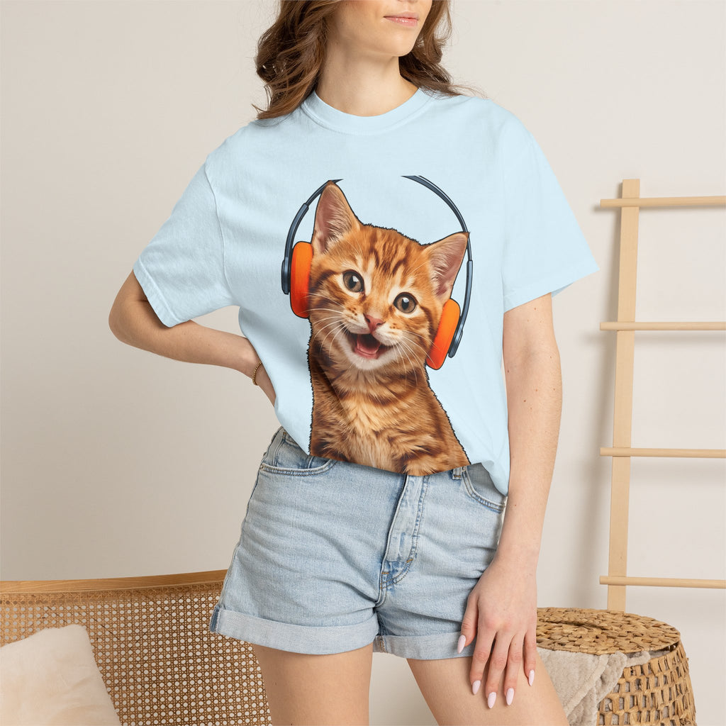 Ginger Cat Headphones Shirt Cat Melody Gift Women Whimsical Tee Orange Cat T-Shirt Cat Fan Fancy Art Tshirt Music Graphic Graphic Earbuds
