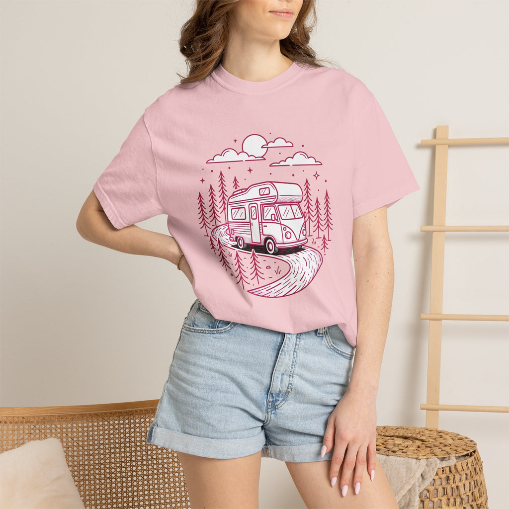 Camper Van Shirt Camping Adventure Gift Women Line Art Tee Motorhome T-Shirt Camper Fan Minimalist Tshirt Explorer Graphic Retro Pine Trees