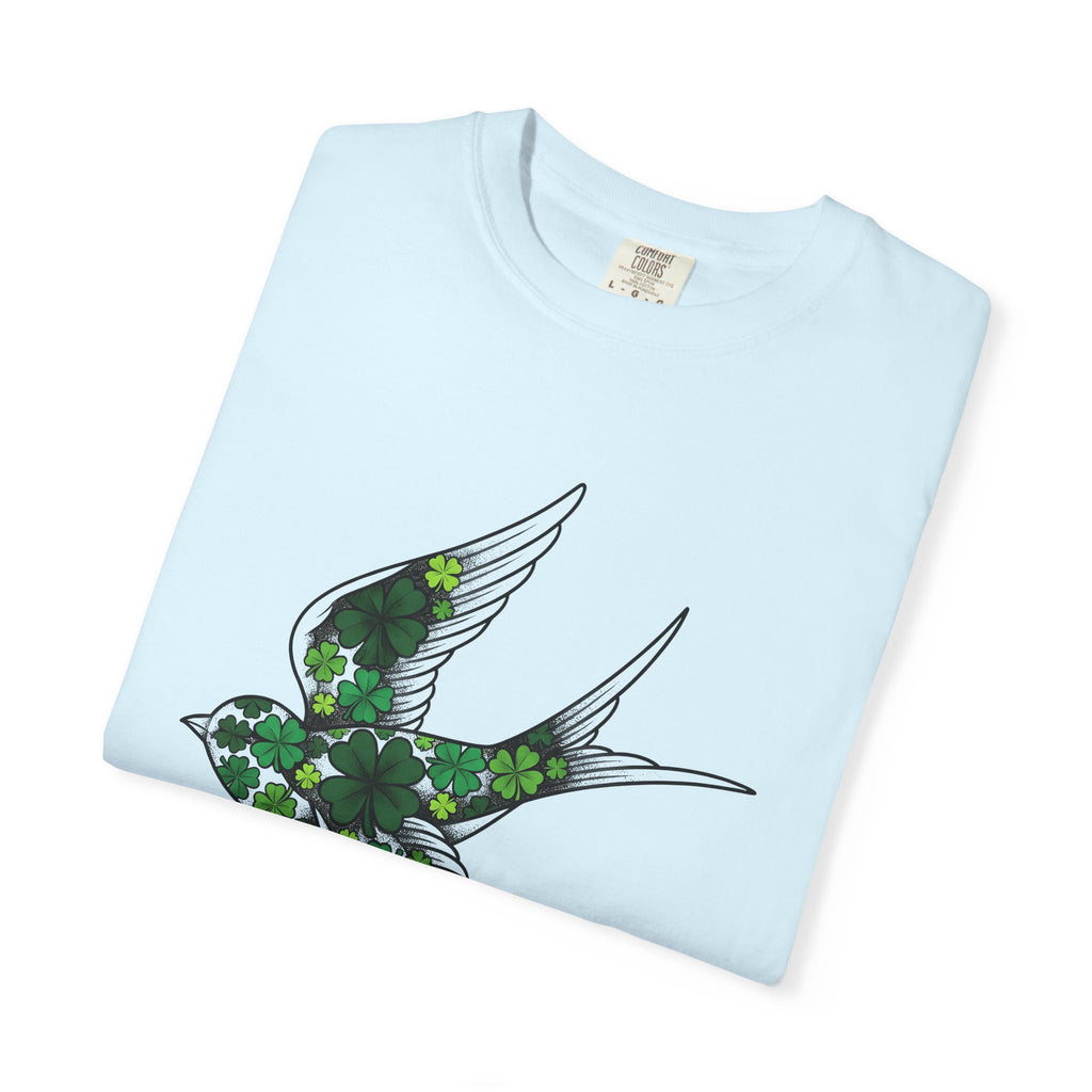 Small Bird Clover Shirt St Patrick's Day Destiny Gift Women Hand Drawn Tee Sparrow T-Shirt Shamrock Fan Illustrated Tshirt Fate Graphic
