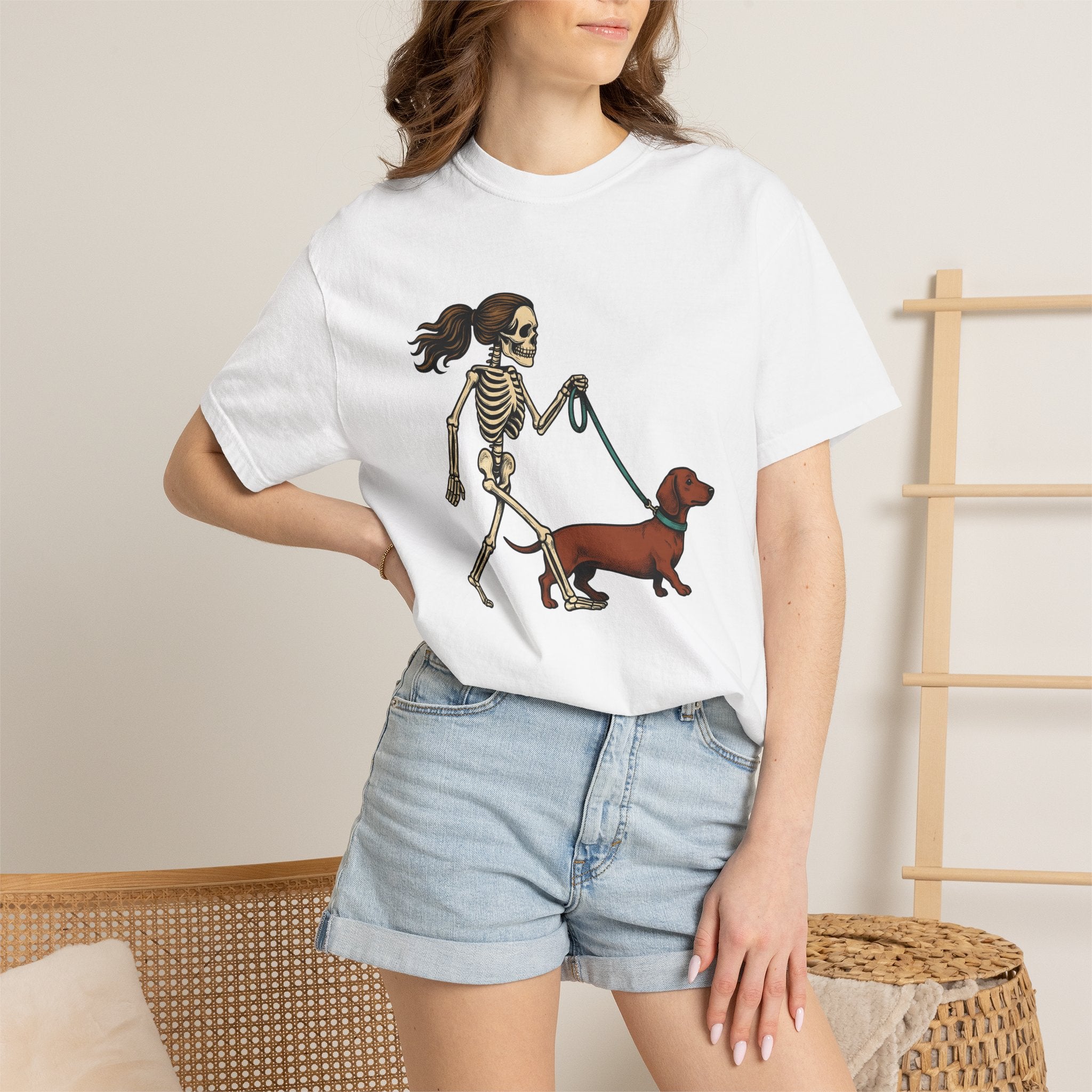 Skeleton Dog Stroll Shirt Halloween Pet Gift Women Comic Tee Dog Walk T-Shirt Halloween Fan Cartoon Tshirt Pet Graphic Retro Dachshund
