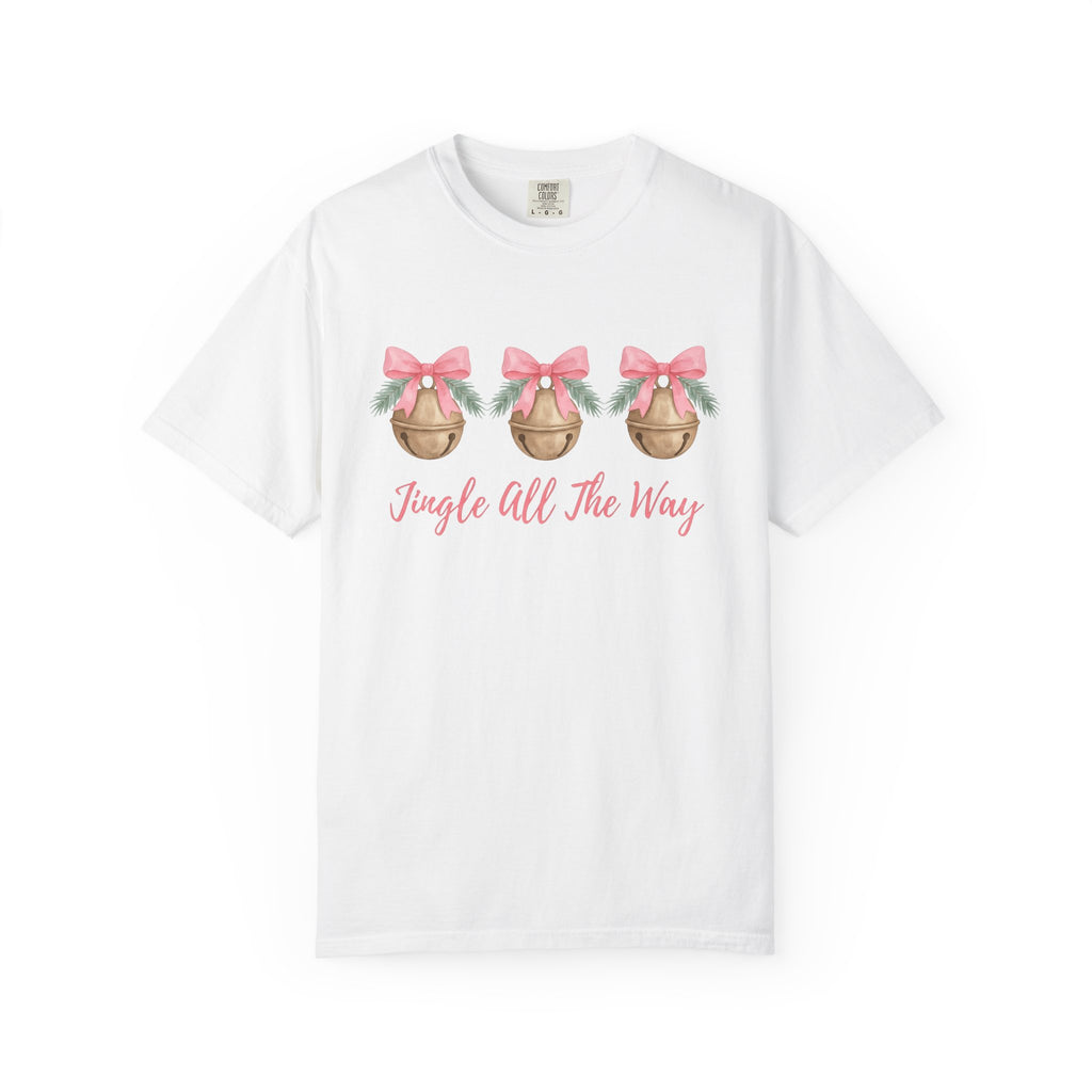 Jingle Bell Shirt Christmas Holiday Gift Women Watercolor Tee Bell T-Shirt Xmas Fan Christmas Tshirt Holiday Graphic Sketch Pink Ribbon