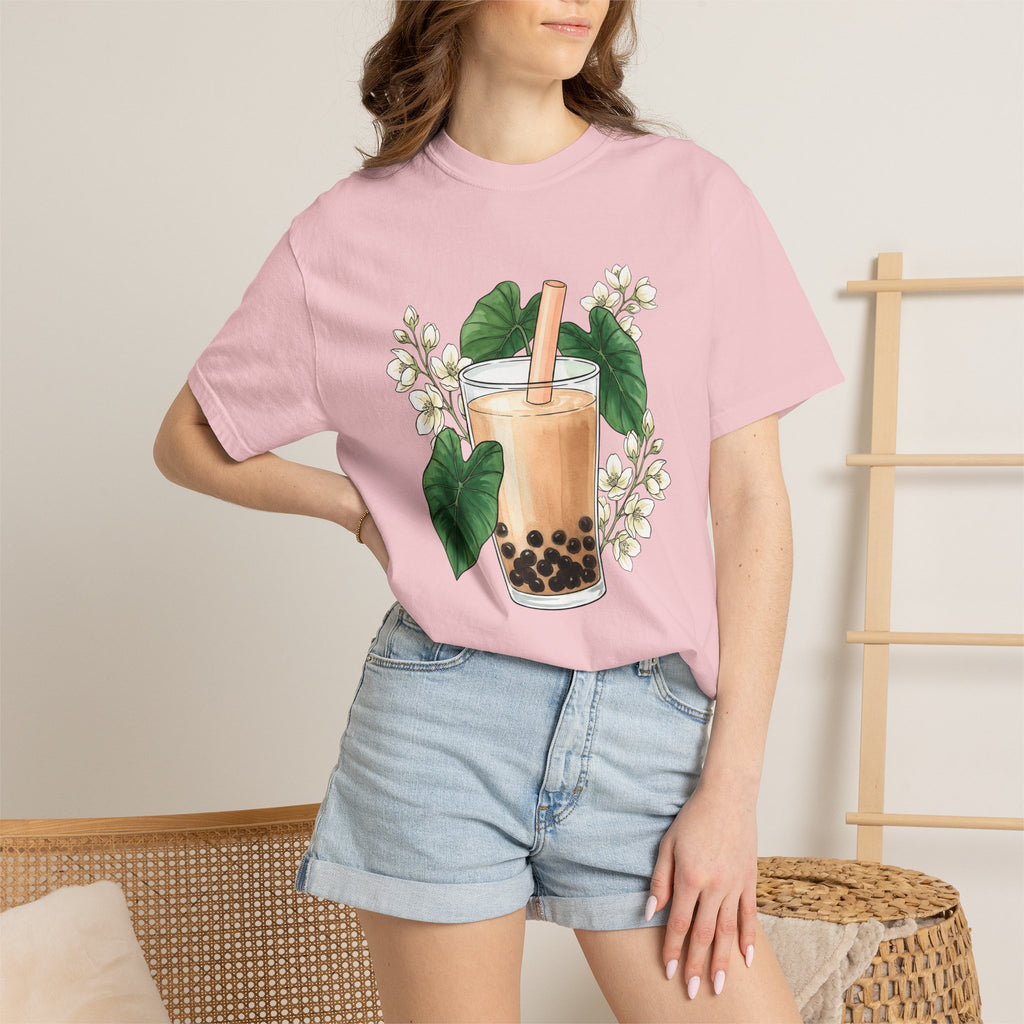 Bubble Tea Shirt Drinks Plants Gift Women Ink Tee Boba T-Shirt Beverage Fan Boba Graphic Doodle Floral Tshirt