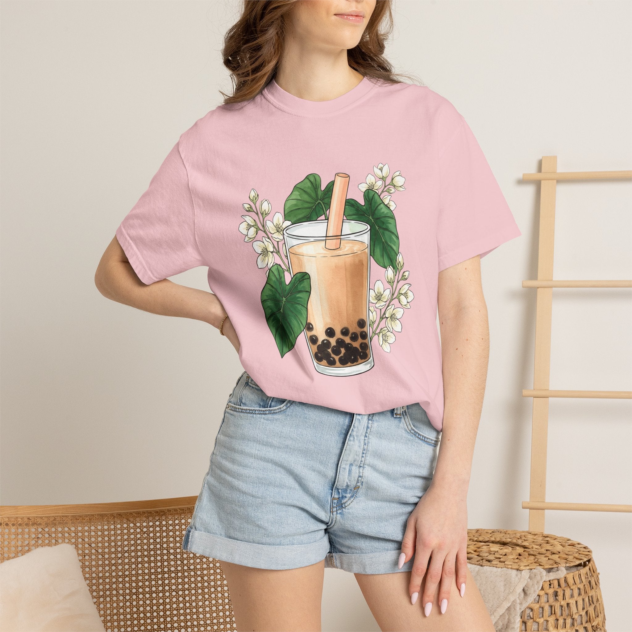 Bubble Tea Shirt Drinks Plants Gift Women Ink Tee Boba T-Shirt Beverage Fan Boba Graphic Doodle Floral Tshirt