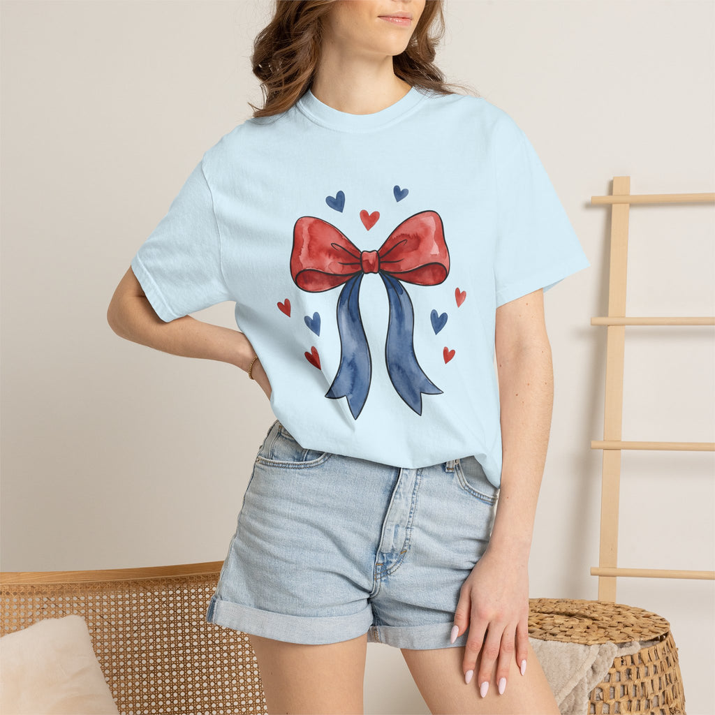 Usa Bow Shirt 4th Of July Event Gift Women Ink Tee Ribbon T-Shirt Patriotic Fan Tattoo Tshirt Party Graphic Outline Hearts Tshirt