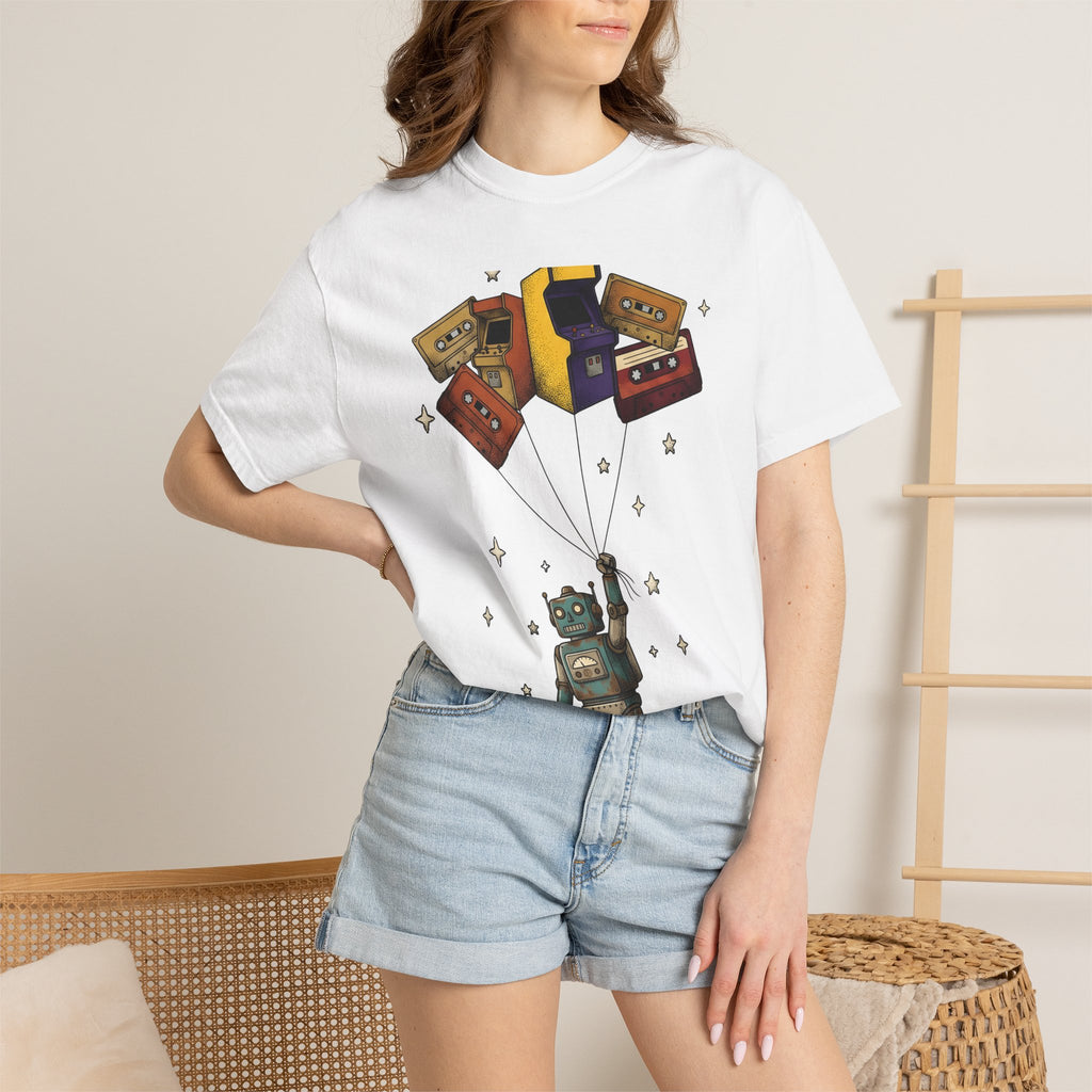 Robot Balloons Shirt Retro Audio Gift Women Hand Drawn Tee Balloon Robots T-Shirt Vintage Fan Illustrated Tshirt Sound Graphic Sketch Gaming