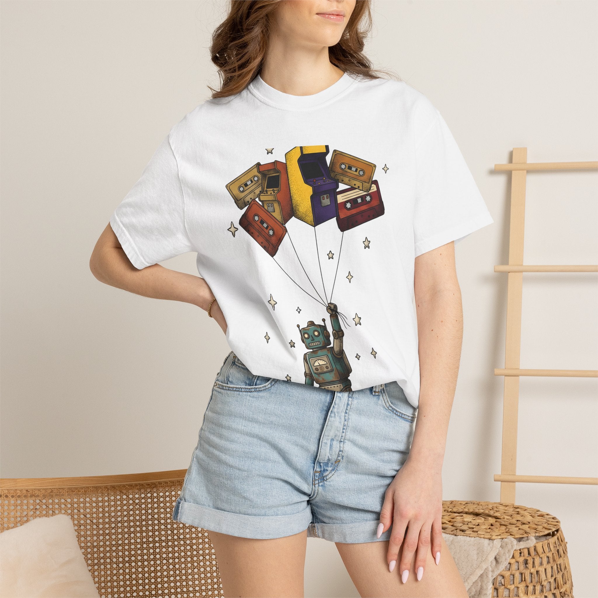 Robot Balloons Shirt Retro Audio Gift Women Hand Drawn Tee Balloon Robots T-Shirt Vintage Fan Illustrated Tshirt Sound Graphic Sketch Gaming