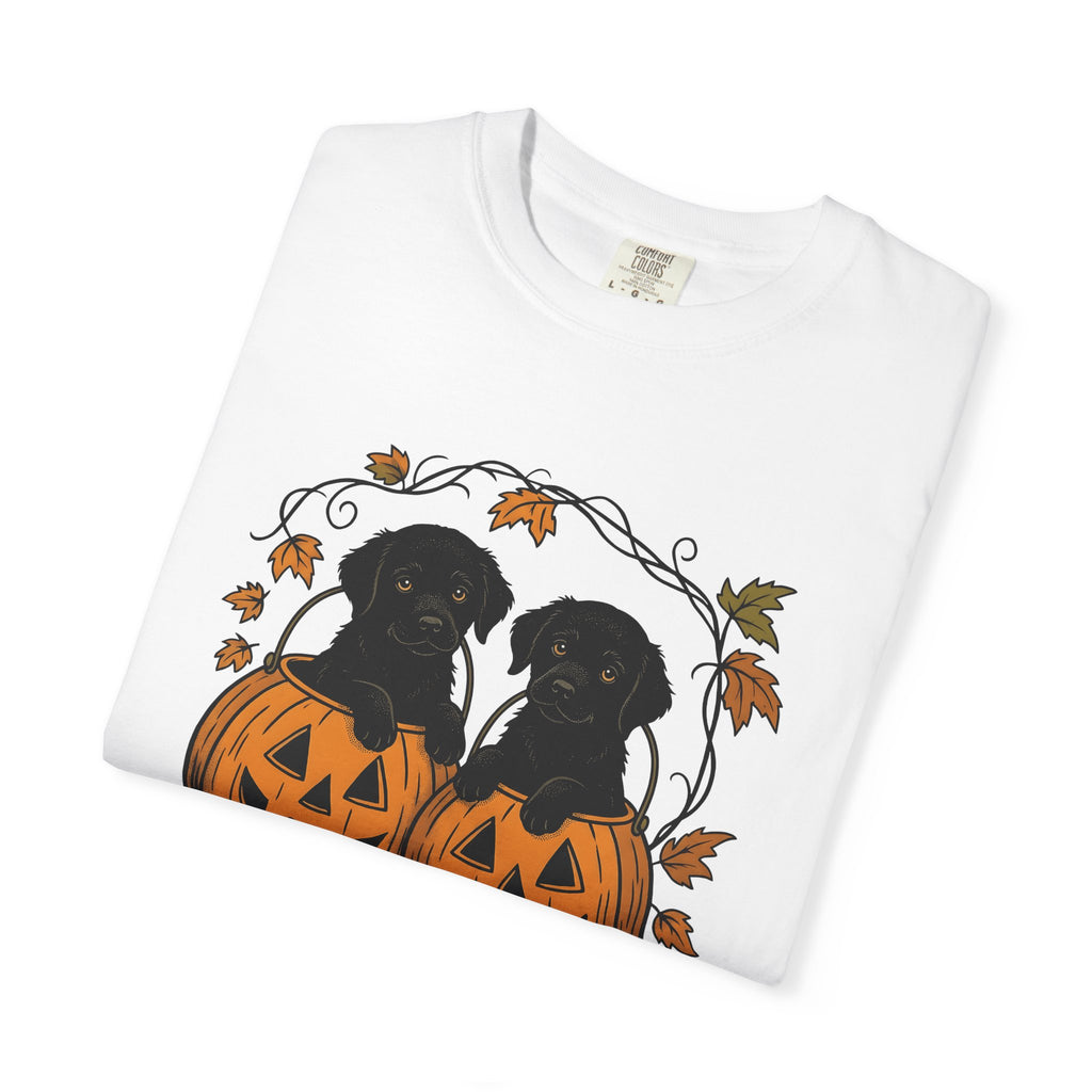 Black Labrador Puppies Shirt Halloween Pet Owner Gift Women Retro Tee Puppy T-Shirt Halloween Fan Dog Graphic Labrador Sketch Carved Pumpkin