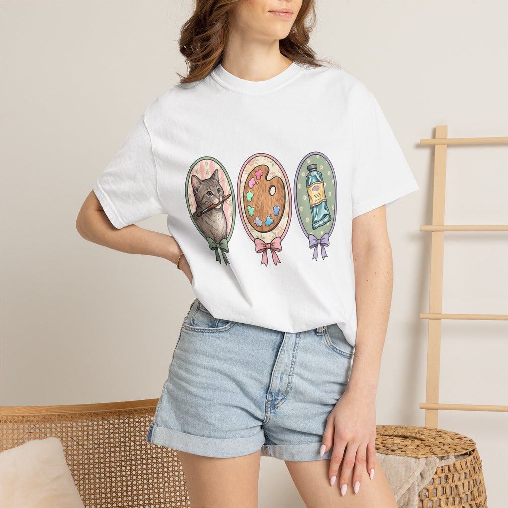 Kitten Brush Shirt Cat Painter Gift Women Retro Tee Cat Brush T-Shirt Cat Fan Feline Tshirt Artistic Graphic Painter Design Sketch Color