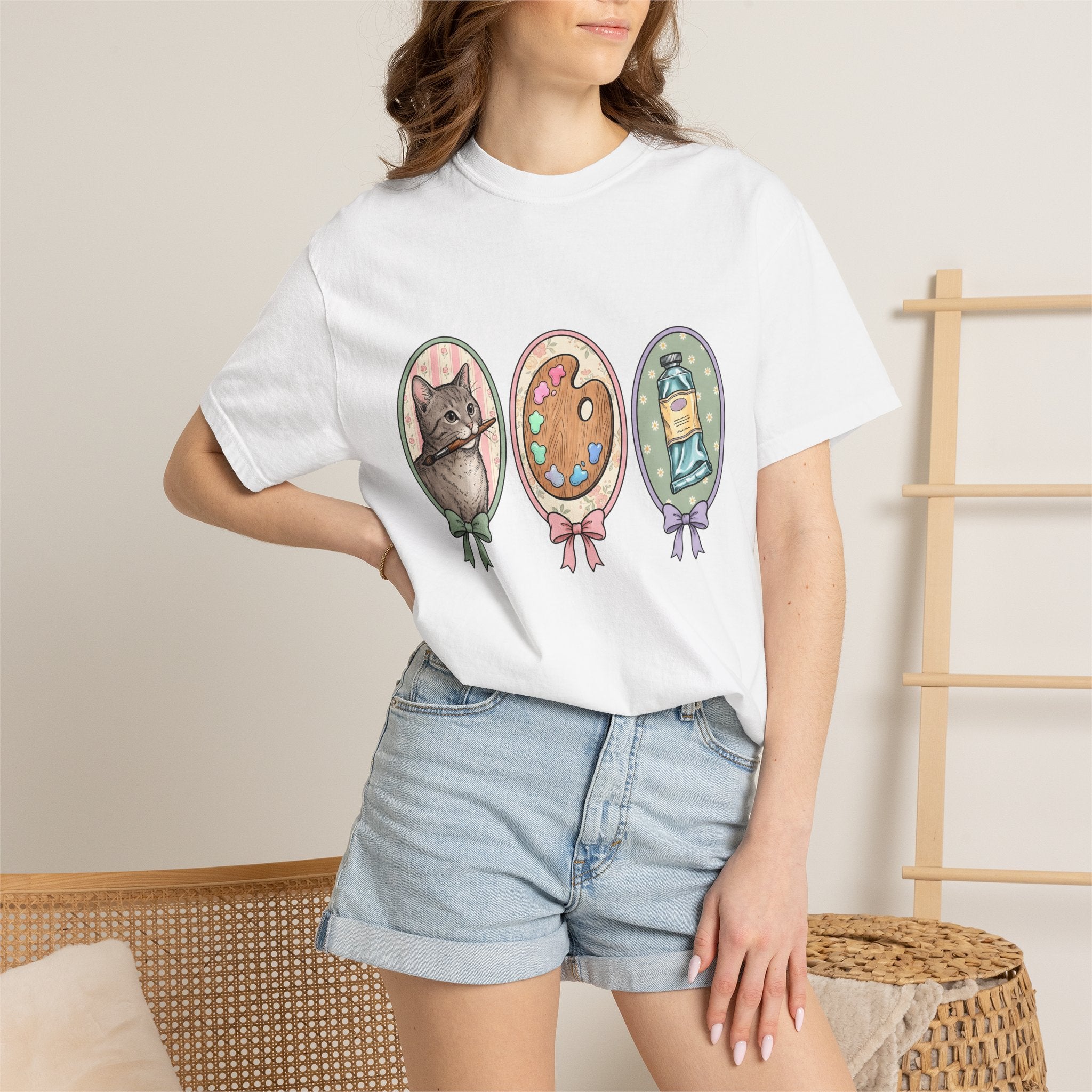 Kitten Brush Shirt Cat Painter Gift Women Retro Tee Cat Brush T-Shirt Cat Fan Feline Tshirt Artistic Graphic Painter Design Sketch Color