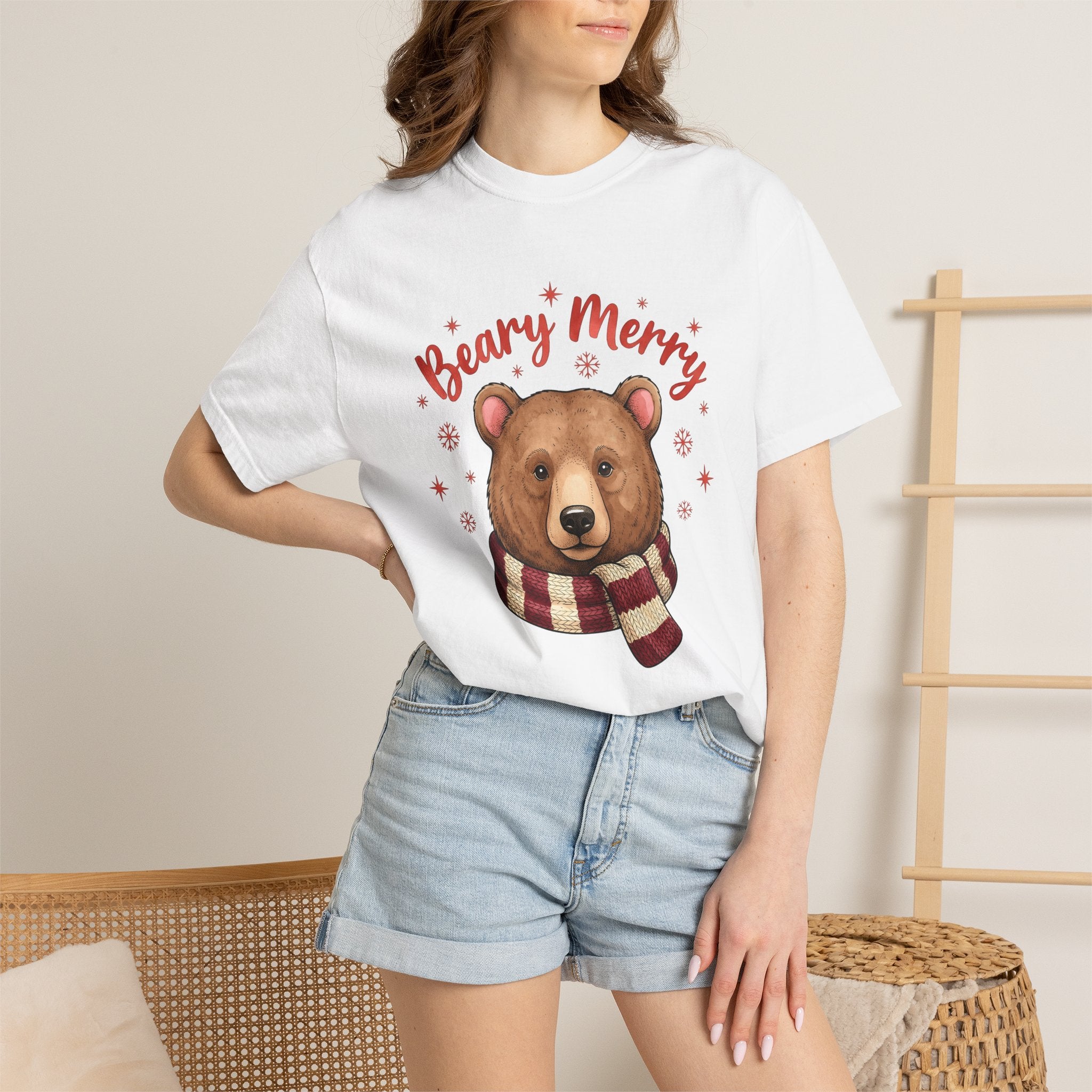 Bear Scarf Shirt Animals Holiday Gift Women Cute Tee Teddy T-Shirt Wildlife Fan Cartoon Tshirt Christmas Graphic Doodle Snowflakes Tshirt