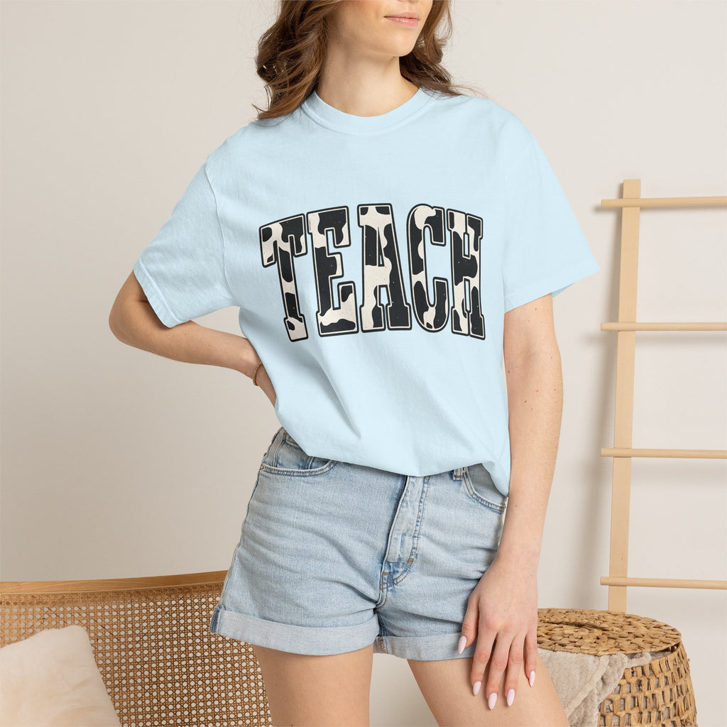 Cow Print Text Shirt Teacher Animal Gift Women Bold Tee Typography T-Shirt Educator Enthusiast Graphic Design Wildlife Graphic Retro Animal