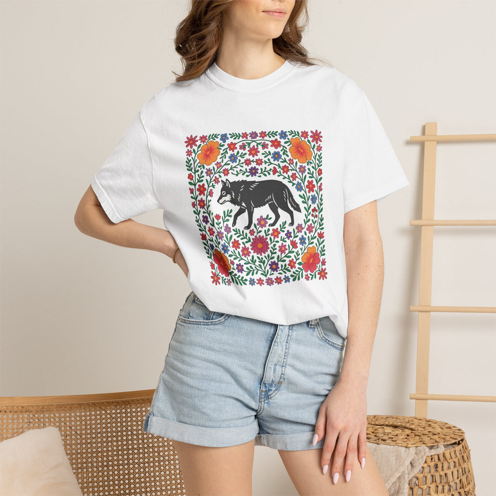Wolf Bloom Shirt Animals & Flowers Wilderness Gift Women Native Tee Lupine T-Shirt Wildlife Enthusiast Tribal Tshirt Outdoor Graphic Crafted