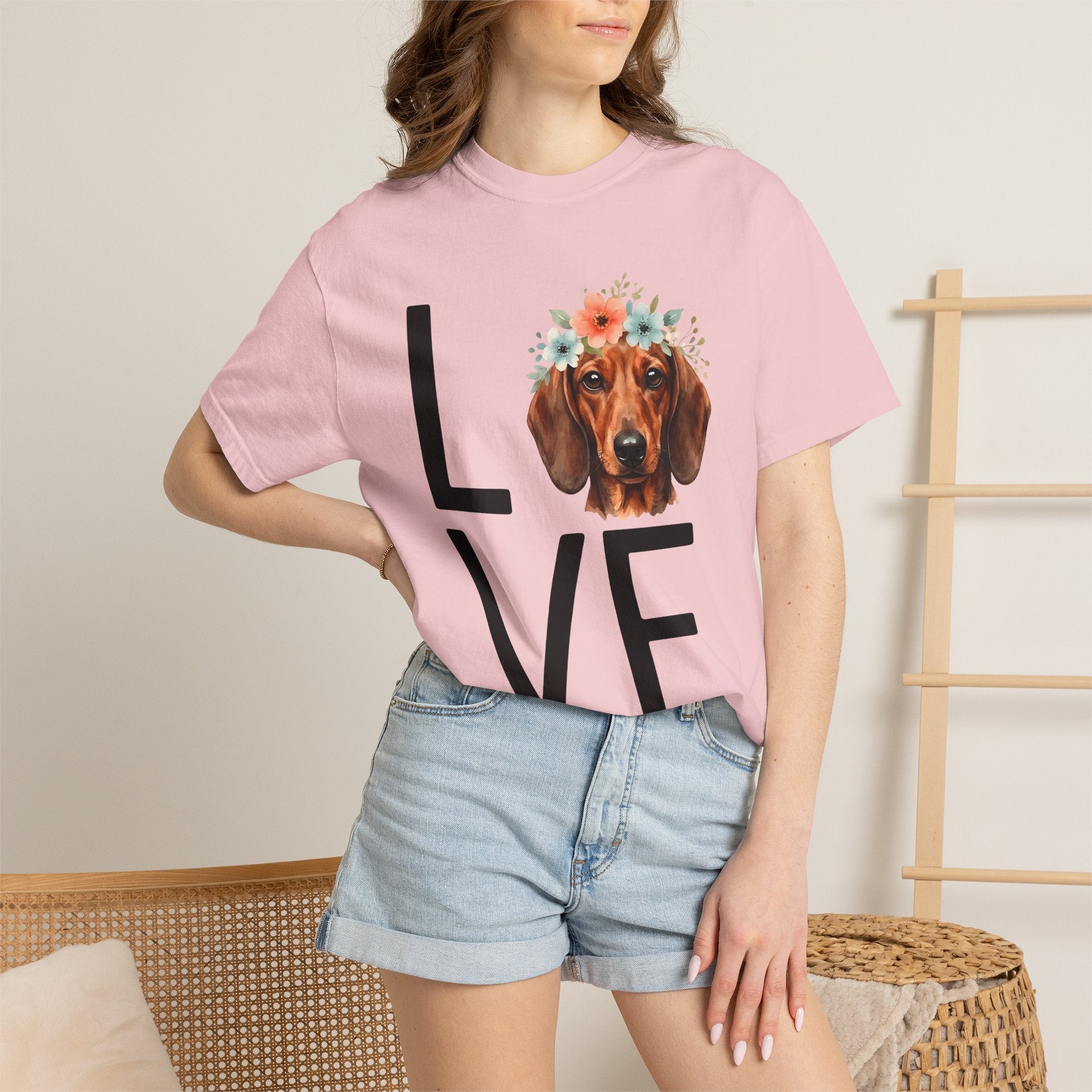 Dachshund Hound Shirt Dog Garden Gift Women Painted Tee Wiener Dog T-Shirt Dog Fan Hand Painted Tshirt Gardening Graphic Clean Lines Floral