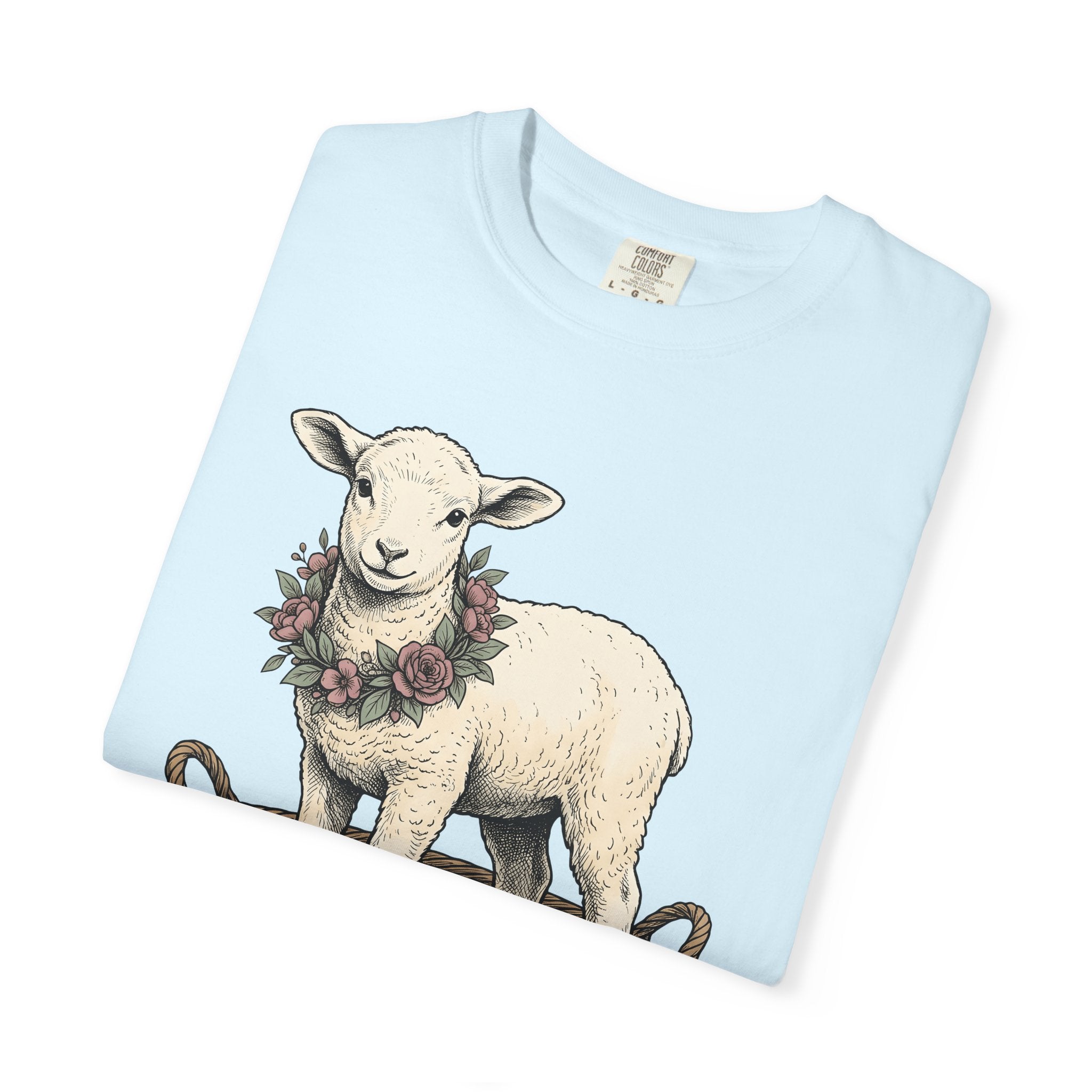Lamb In Basket Shirt Easter Critter Gift Women Cartoon Tee Baby Lamb T-Shirt Easter Fan Cartoonish Tshirt Creature Graphic Rustic Flower