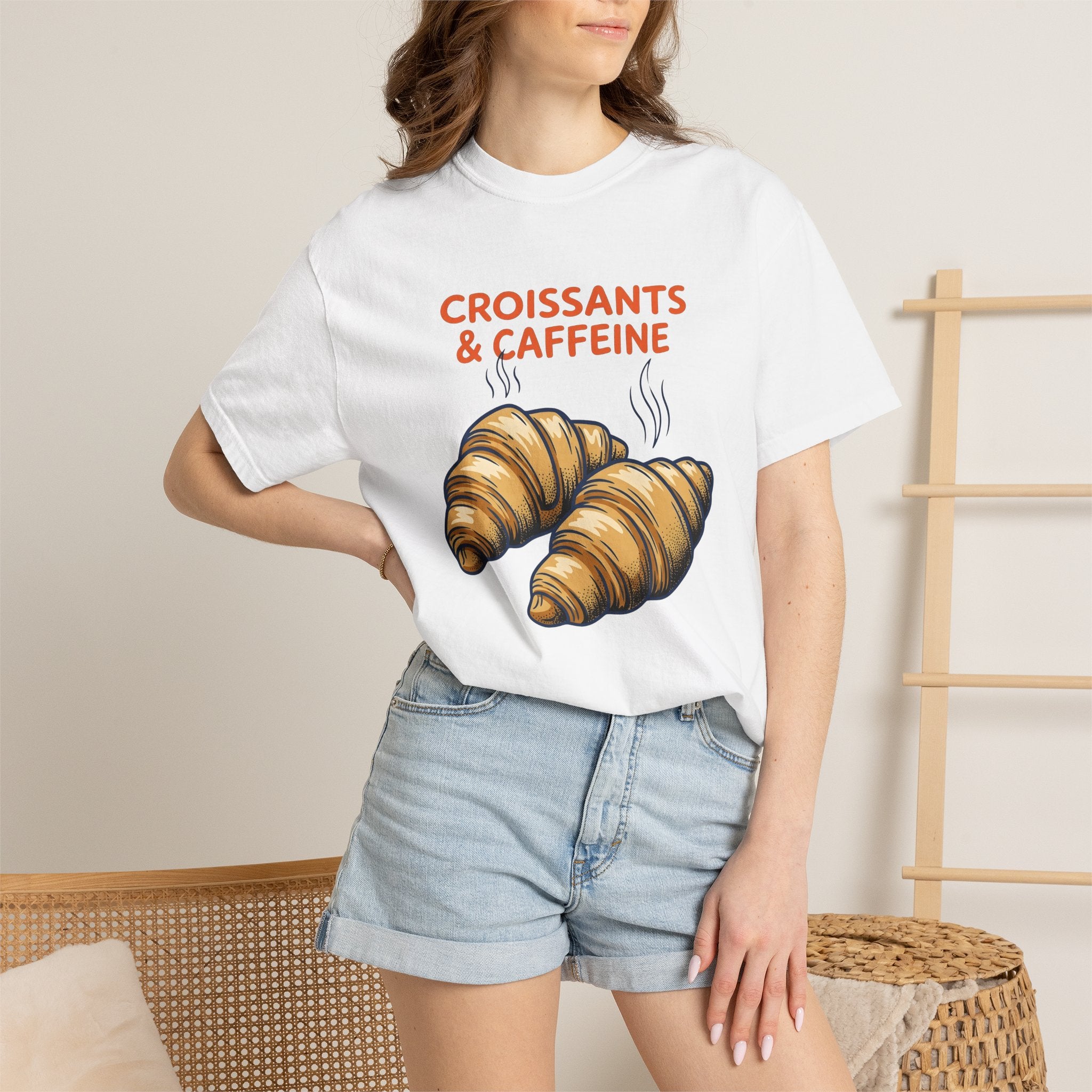 Croissant Clipart Shirt Coffee Morning Gift Women Rustic Tee Pastry T-Shirt Coffee Fan Java Enthusiast Vintage Tshirt Dawn Graphic Ink Mist