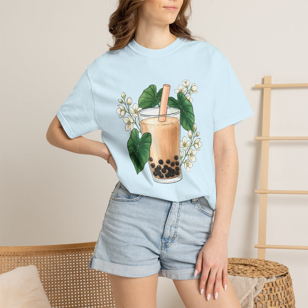 Bubble Tea Shirt Drinks Plants Gift Women Ink Tee Boba T-Shirt Beverage Fan Boba Graphic Doodle Floral Tshirt