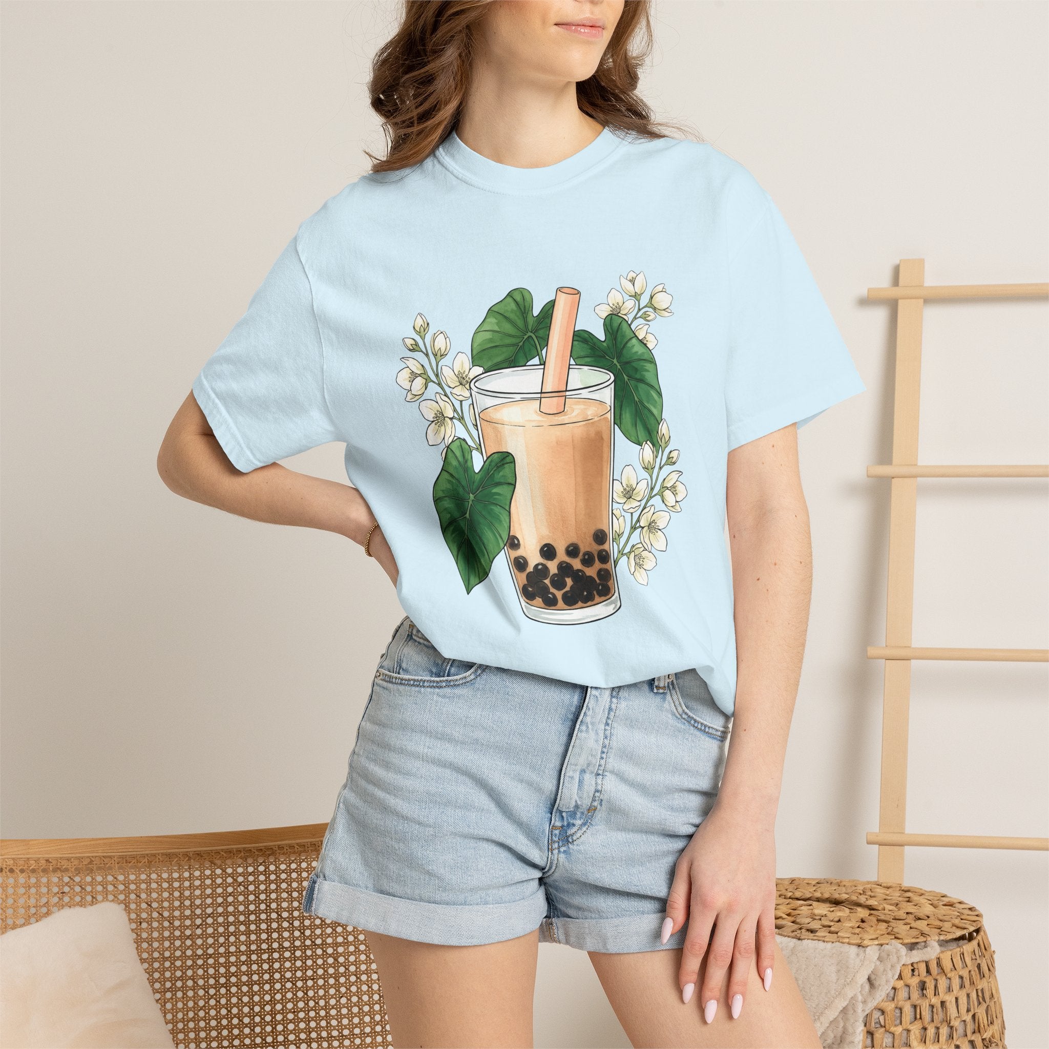 Bubble Tea Shirt Drinks Plants Gift Women Ink Tee Boba T-Shirt Beverage Fan Boba Graphic Doodle Floral Tshirt