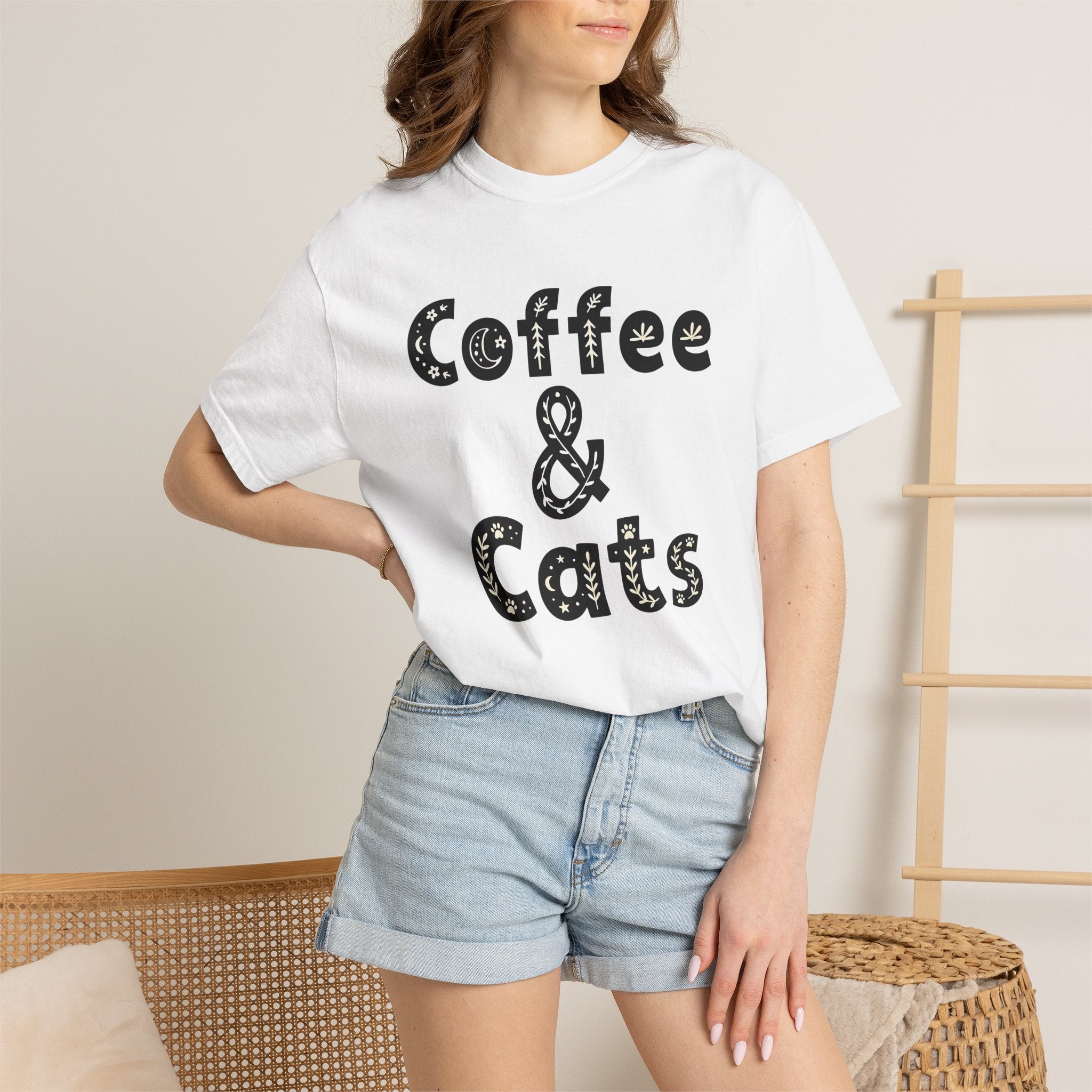 Coffee Cat Shirt Coffee Pet Gift Women Boho Tee Kitty Cat T-Shirt Coffee Fan Feline Graphic Tshirt Whimsical Paw Print Tshirt