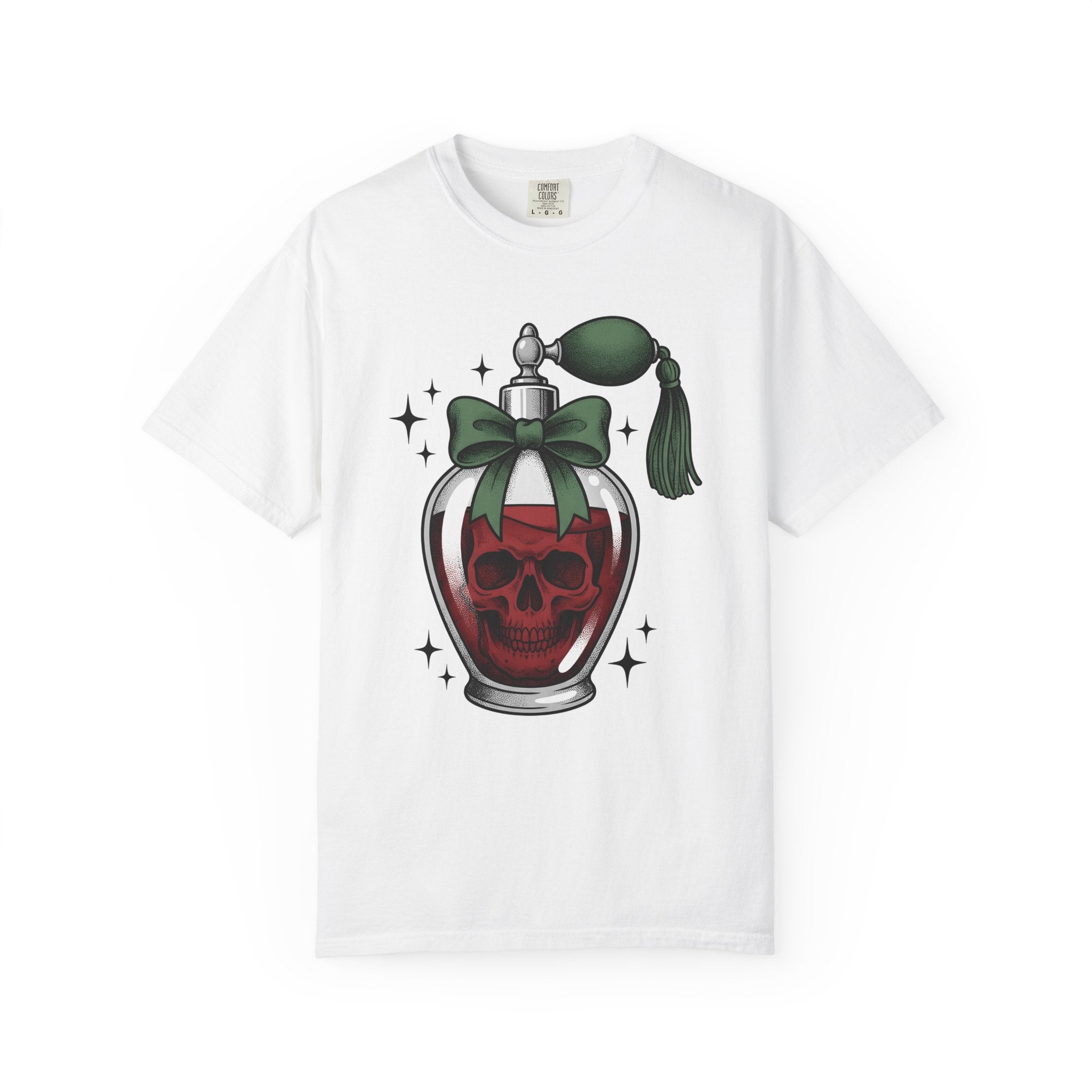 Skull Cologne Bottle Shirt Halloween Macabre Gift Women Line Art Tee Perfume T-Shirt Horror Fan Tattoo Tshirt Dark Graphic Old School Mint