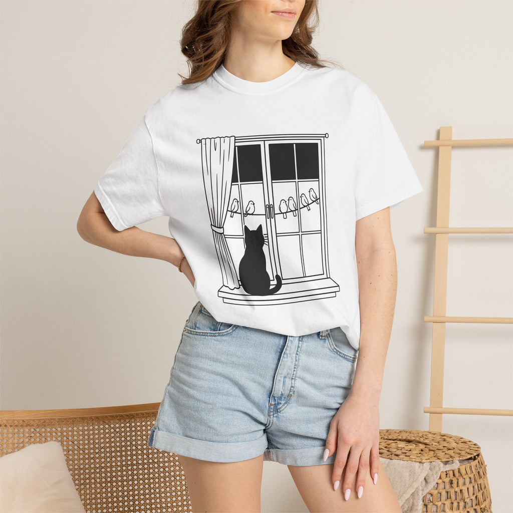 Cat Window Shirt Cat Animals Gift Women Simple Tee Perch T-Shirt Cat Fan Minimalist Tshirt Wildlife Graphic Outline Birds Tshirt