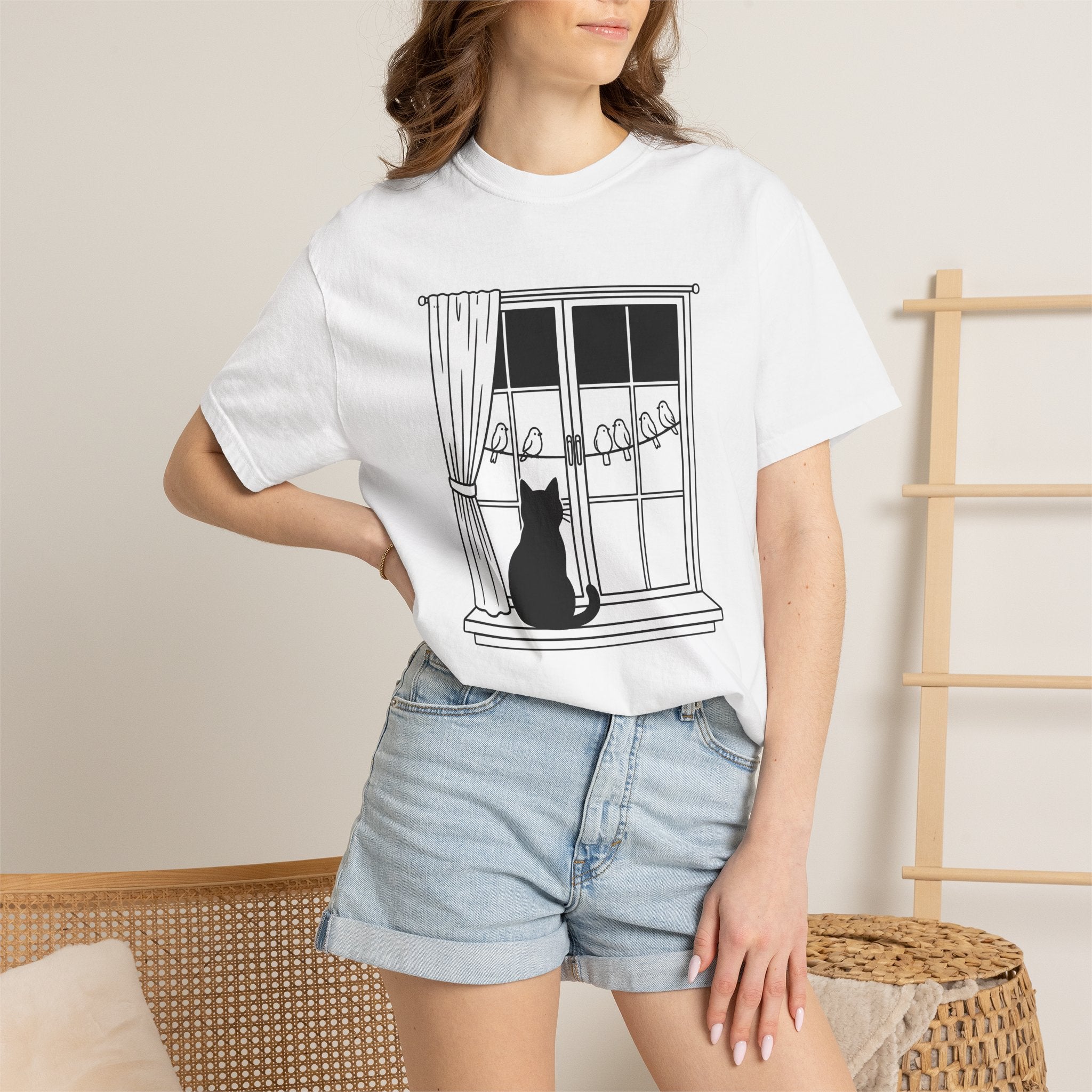 Cat Window Shirt Cat Animals Gift Women Simple Tee Perch T-Shirt Cat Fan Minimalist Tshirt Wildlife Graphic Outline Birds Tshirt