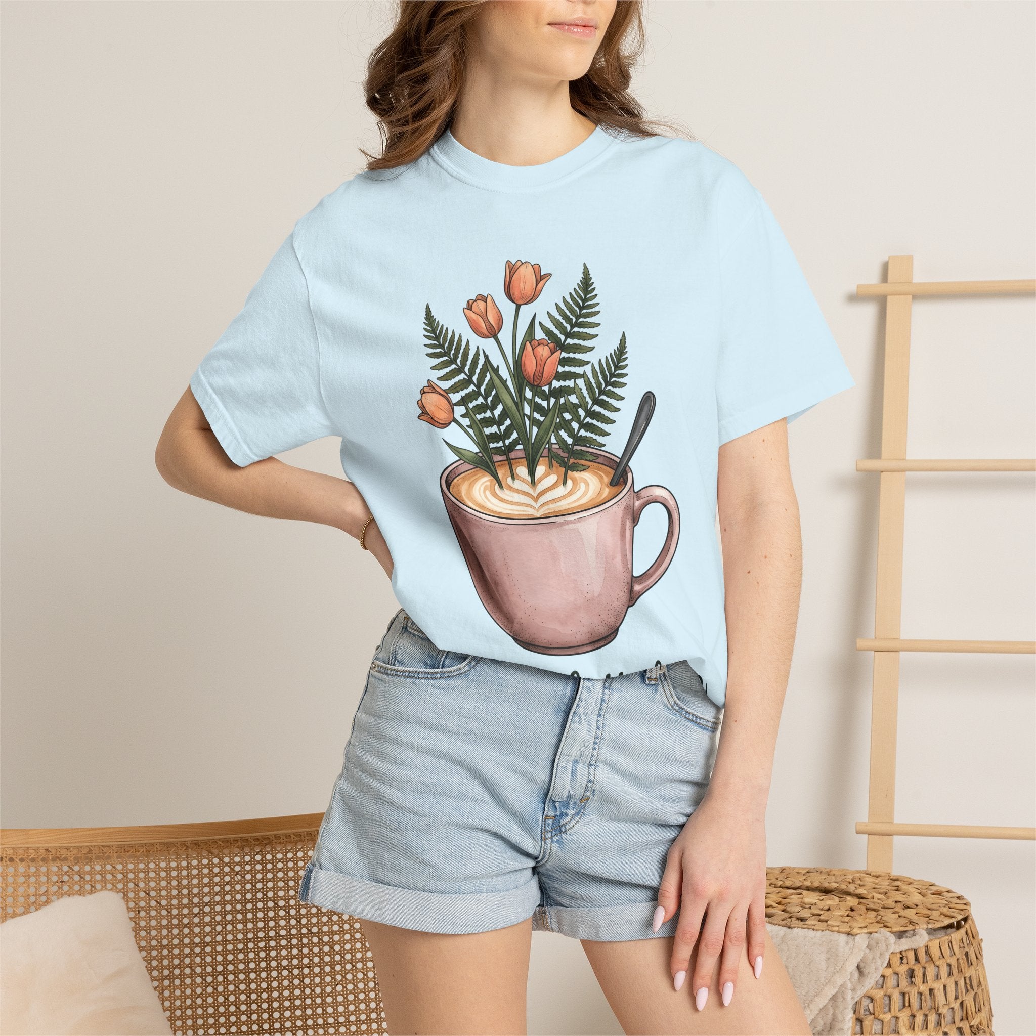 Latte Cup Shirt Coffee Buds Gift Women Line Art Tee Coffee Mug T-Shirt Coffee Fan Minimalist Tshirt Floral Graphic Cartoon Daisies Tshirt