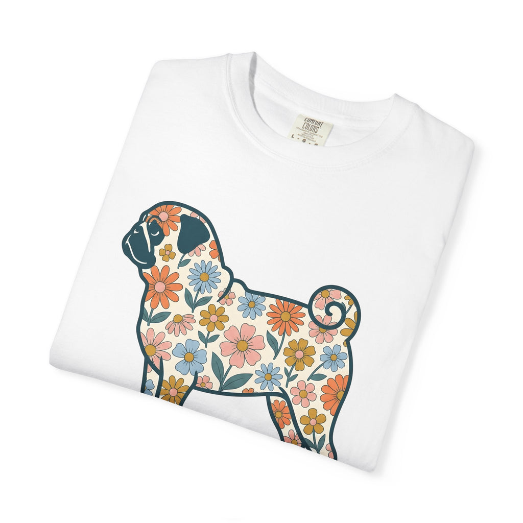Pug Dog Shirt Dog Floral Gift Women Floral Graphic Tee Puggle T-Shirt Dog Fan Graphic Tshirt Botanical Illustration Retro Daisy Tshirt