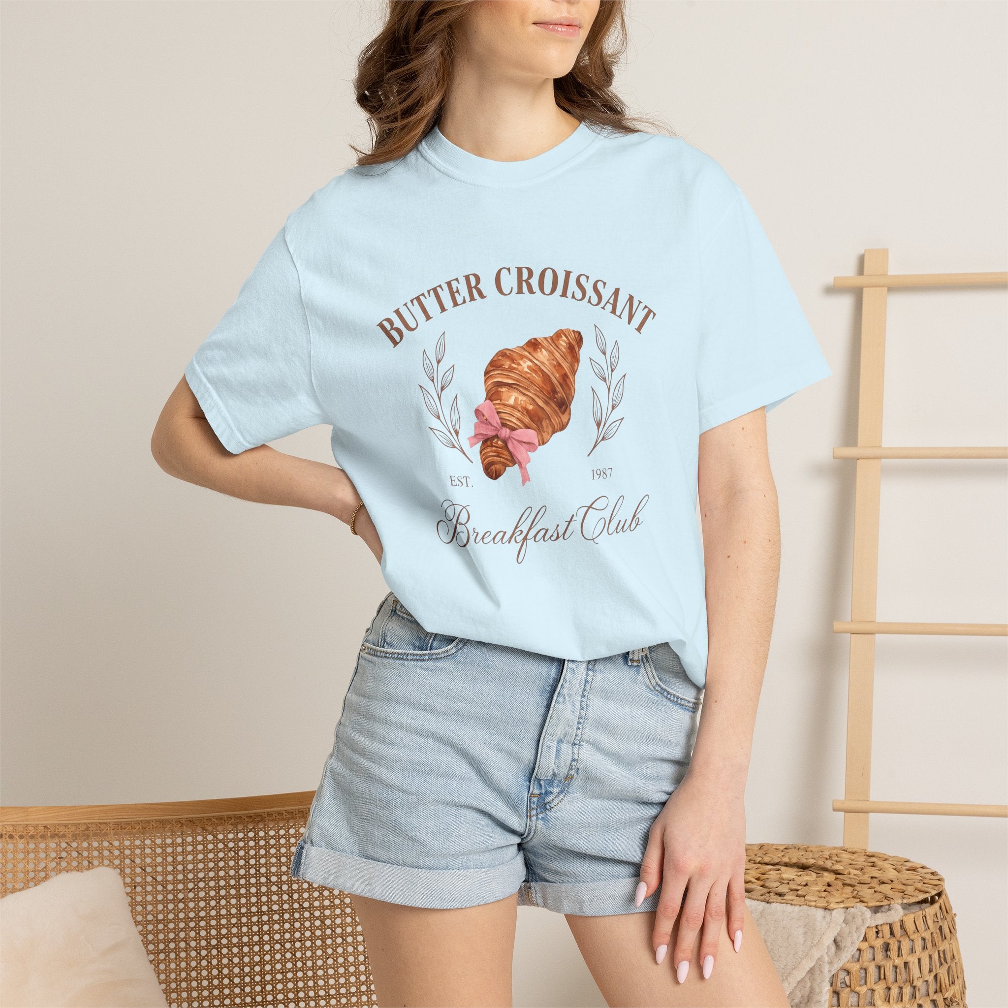 Flaky Croissant Shirt Desserts Pastry Gift Women Hand Painted Tee Croissant T-Shirt Dessert Fan Watercolor Tshirt Bakery Graphic Rustic Pink