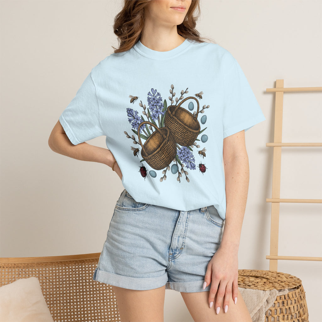 Rattan Basket Shirt Easter Plants Gift Women Flower Tee Wicker T-Shirt Easter Fan Floral Tshirt Foliage Graphic Hand Drawn Garden Blooms