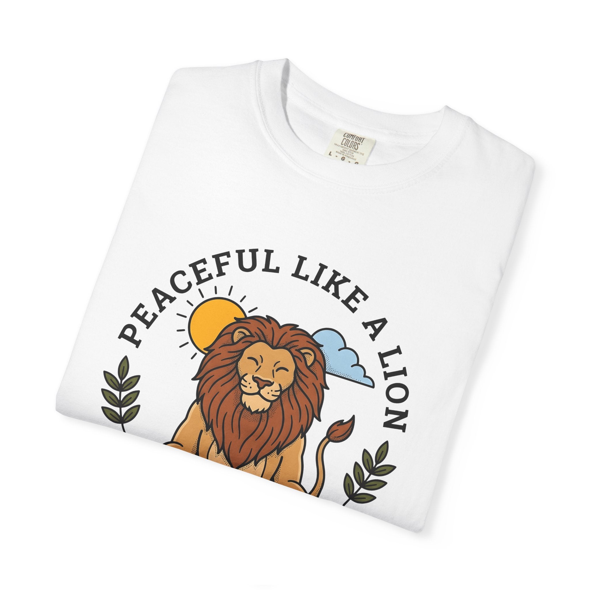 Peaceful Lion Shirt Yoga Wellness Gift Women Animated Tee Lion T-Shirt Yoga Enthusiast Cartoon Tshirt Healthy Graphic Clean Bright Sun