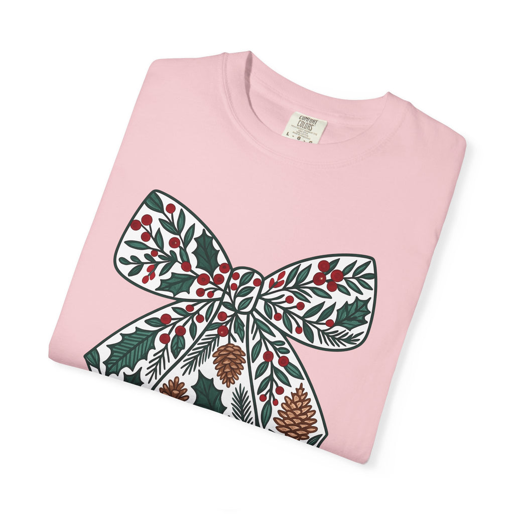 Christmas Bow Shirt Christmas Seasonal Gift Women Floral Tee Ribbon T-Shirt Xmas Fan Holiday Tshirt Winter Graphic Sketch Cone Tshirt