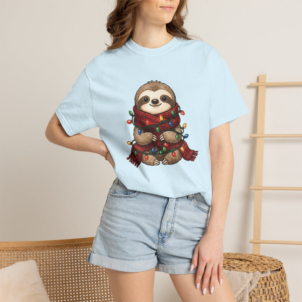 Sloth Shirt Christmas Wildlife Gift Women Adorable Tee Sloths T-Shirt Xmas Fan Cute Tshirt Animal Graphic Sketch Fairy Lights Tshirt