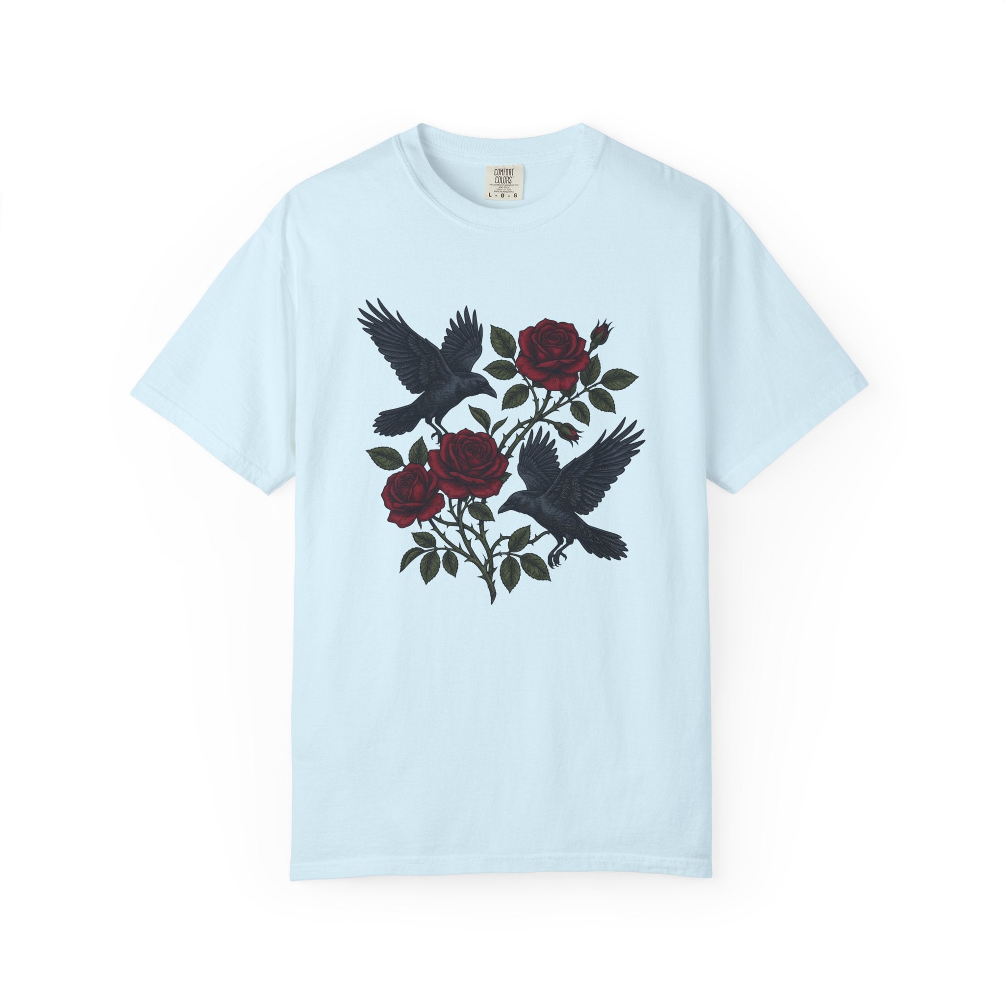 Blackbird Rose Shirt Animals & Flowers Gothic Gift Women Sketch Tee Black Rose T-Shirt Floral Fan Drawing Graphic Dark Old School Branches