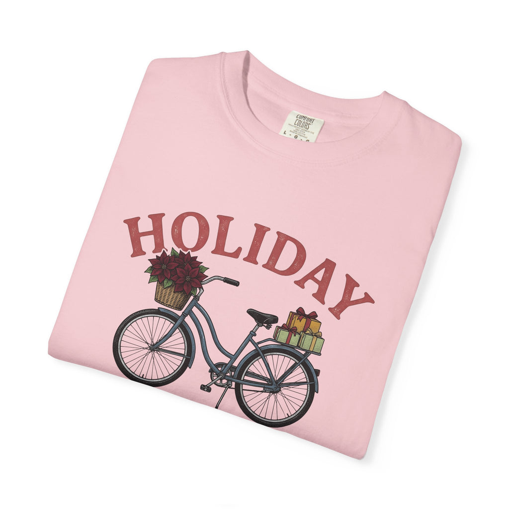 Bike Gifts Shirt Christmas Seasonal Gift Women Nostalgic Tee Bicycle T-Shirt Xmas Fan Holiday Graphic Tshirt Pencil Sketch Red Flower Tshirt