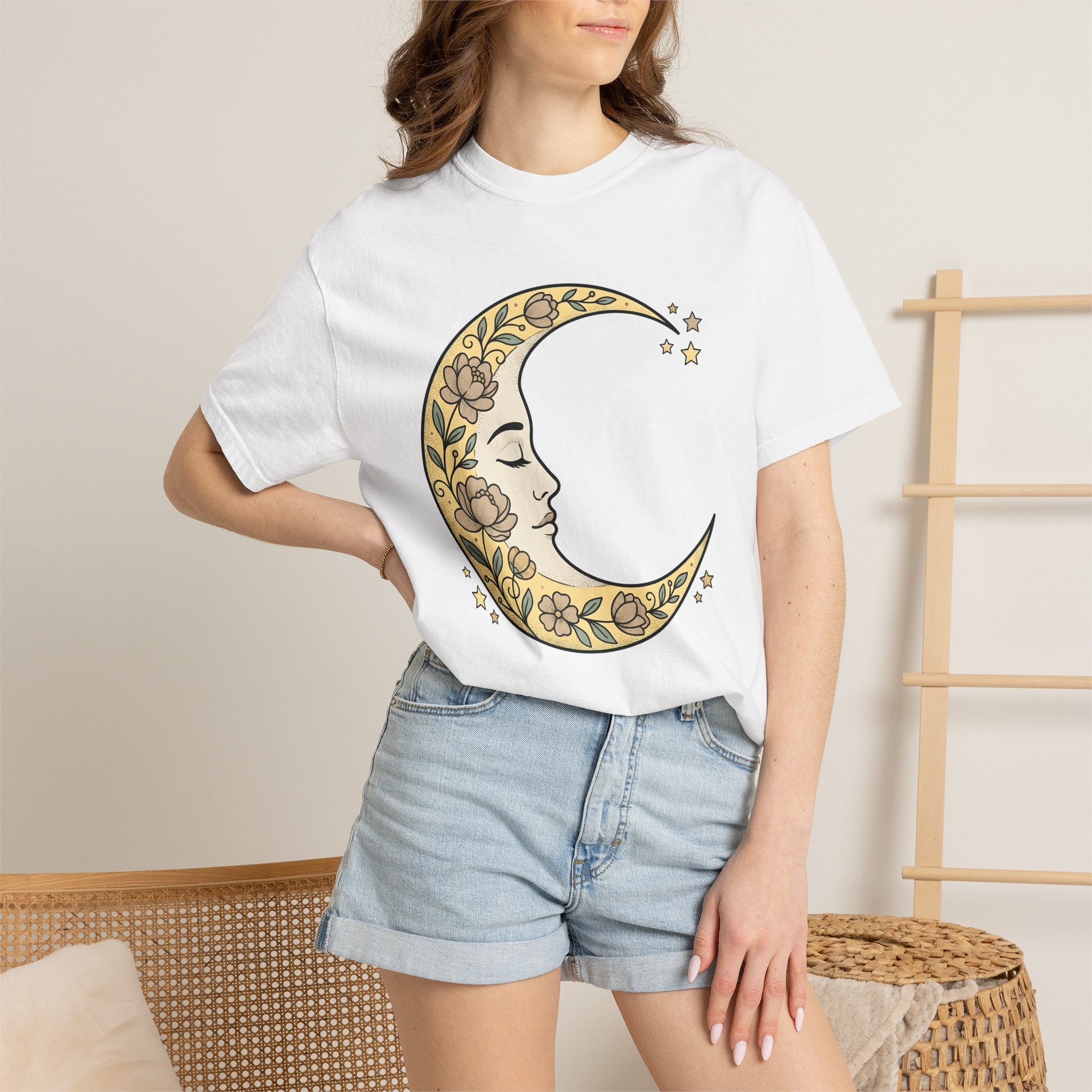 Moon Visage Shirt Floral Zodiac Gift Women Tribal Tee Lunar T-Shirt Flower Fan Primitive Tshirt Astrology Graphic Antique Petals Tshirt