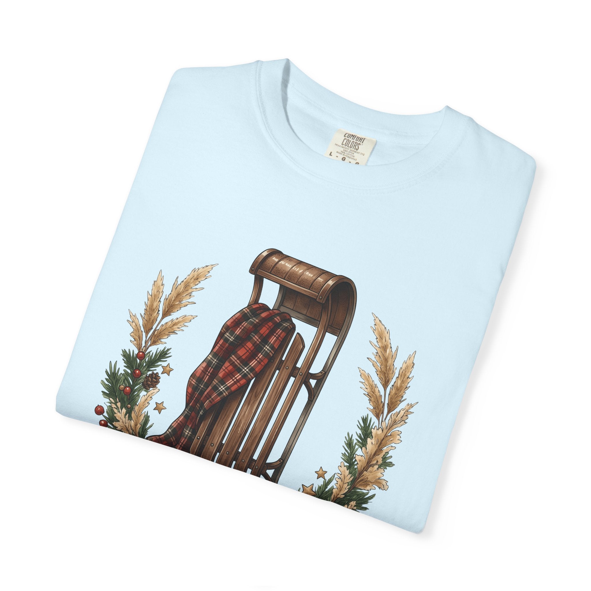 Vintage Sled Shirt Christmas Winter Gift Women Cozy Tee Toboggan T-Shirt Xmas Fan Holiday Tshirt Frosty Graphic Hand Drawn Pine Wreath