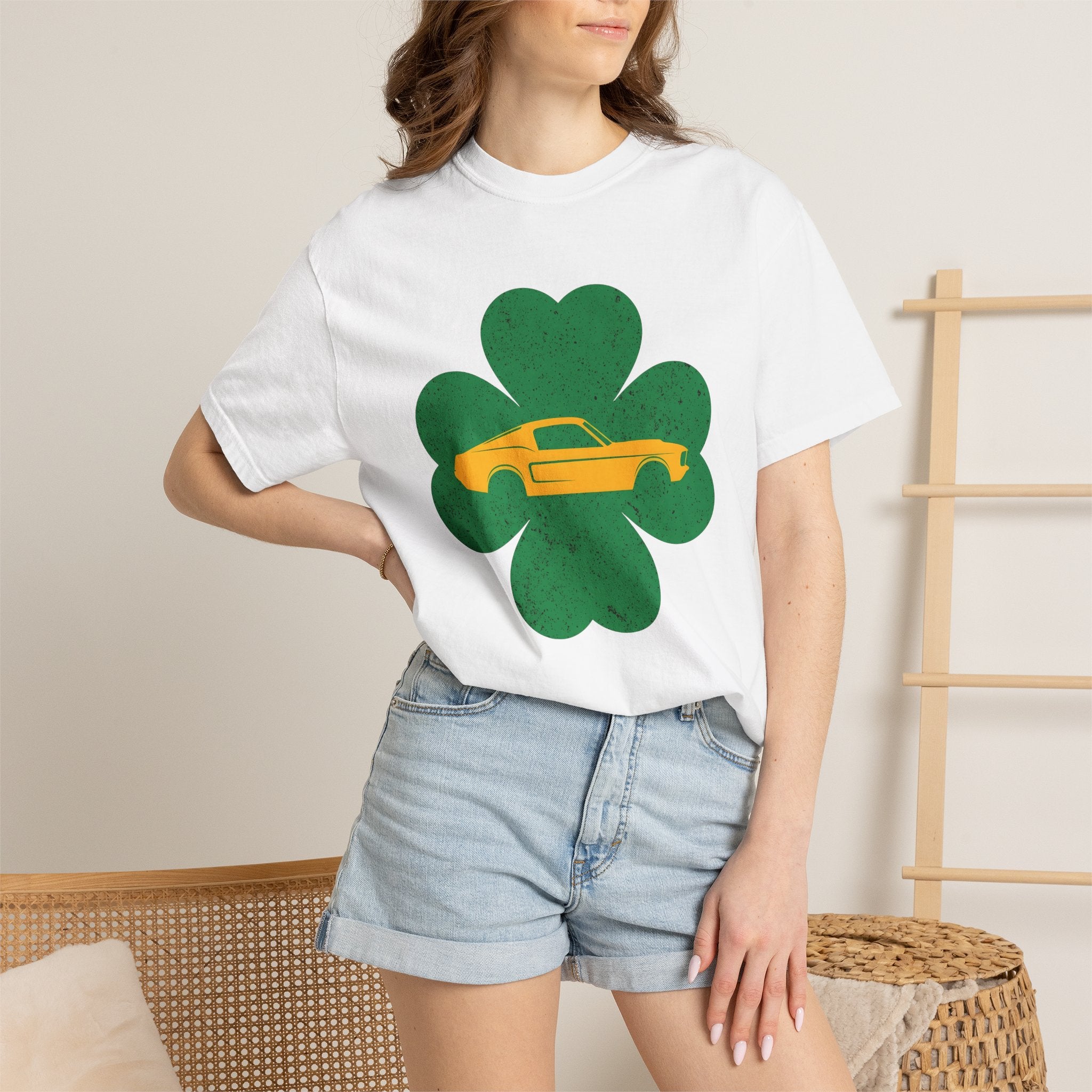Vintage Muscle Car Clover Shirt St Patrick's Day Transport Gift Women Sketch Tee Muscle Car T-Shirt Patrick's Day Enthusiast Drawing