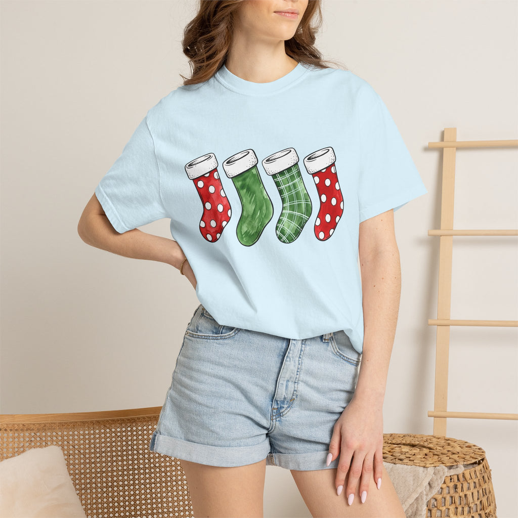 Christmas Stockings Shirt Christmas Holiday Gift Women Watercolor Tee Stocking T-Shirt Xmas Fan Watercolour Tshirt Seasonal Graphic Sketch