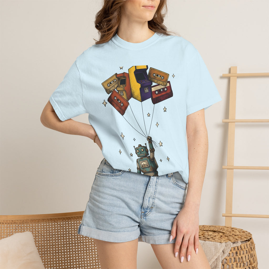 Robot Balloons Shirt Retro Audio Gift Women Hand Drawn Tee Balloon Robots T-Shirt Vintage Fan Illustrated Tshirt Sound Graphic Sketch Gaming