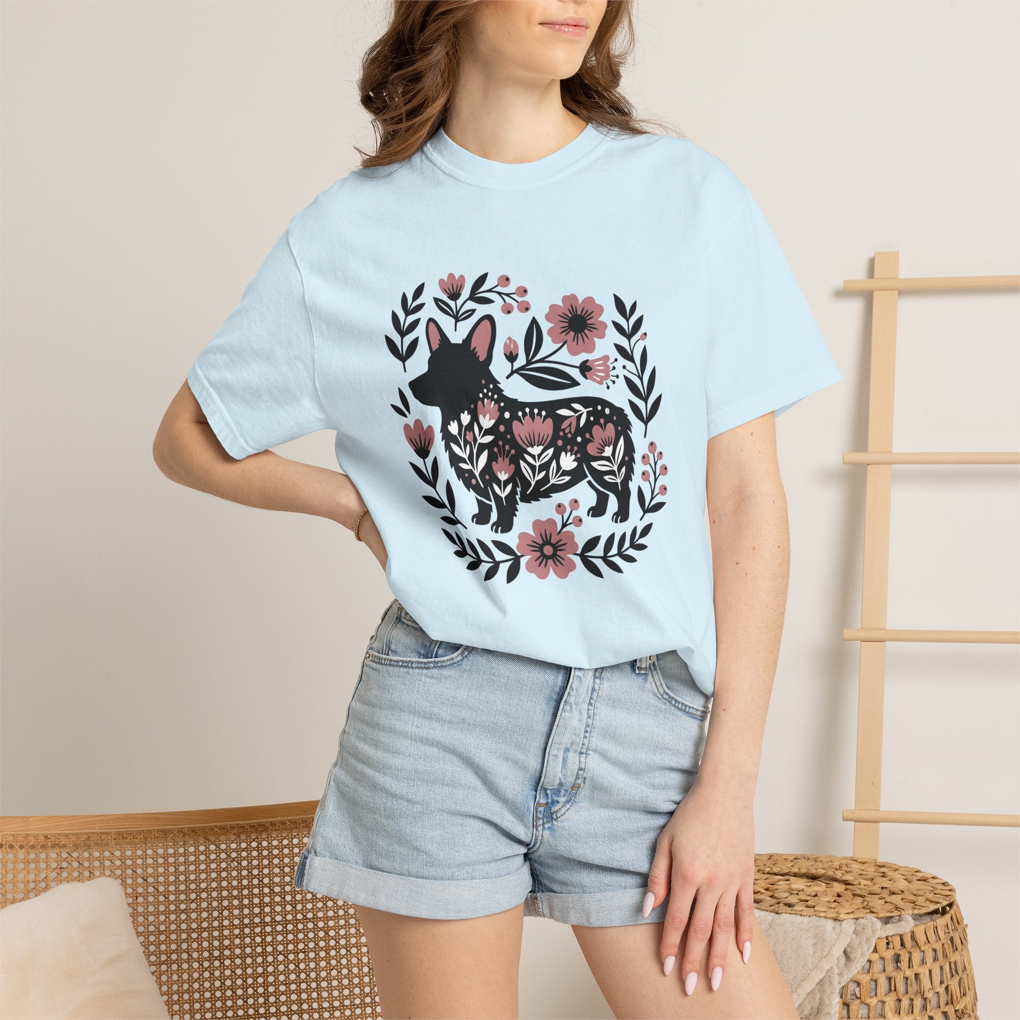 Corgi Puppy Shirt Dog Botanical Gift Women Boho Tee Puppy T-Shirt Dog Fan Canine Tshirt Floral Graphic Simple Flower Tshirt